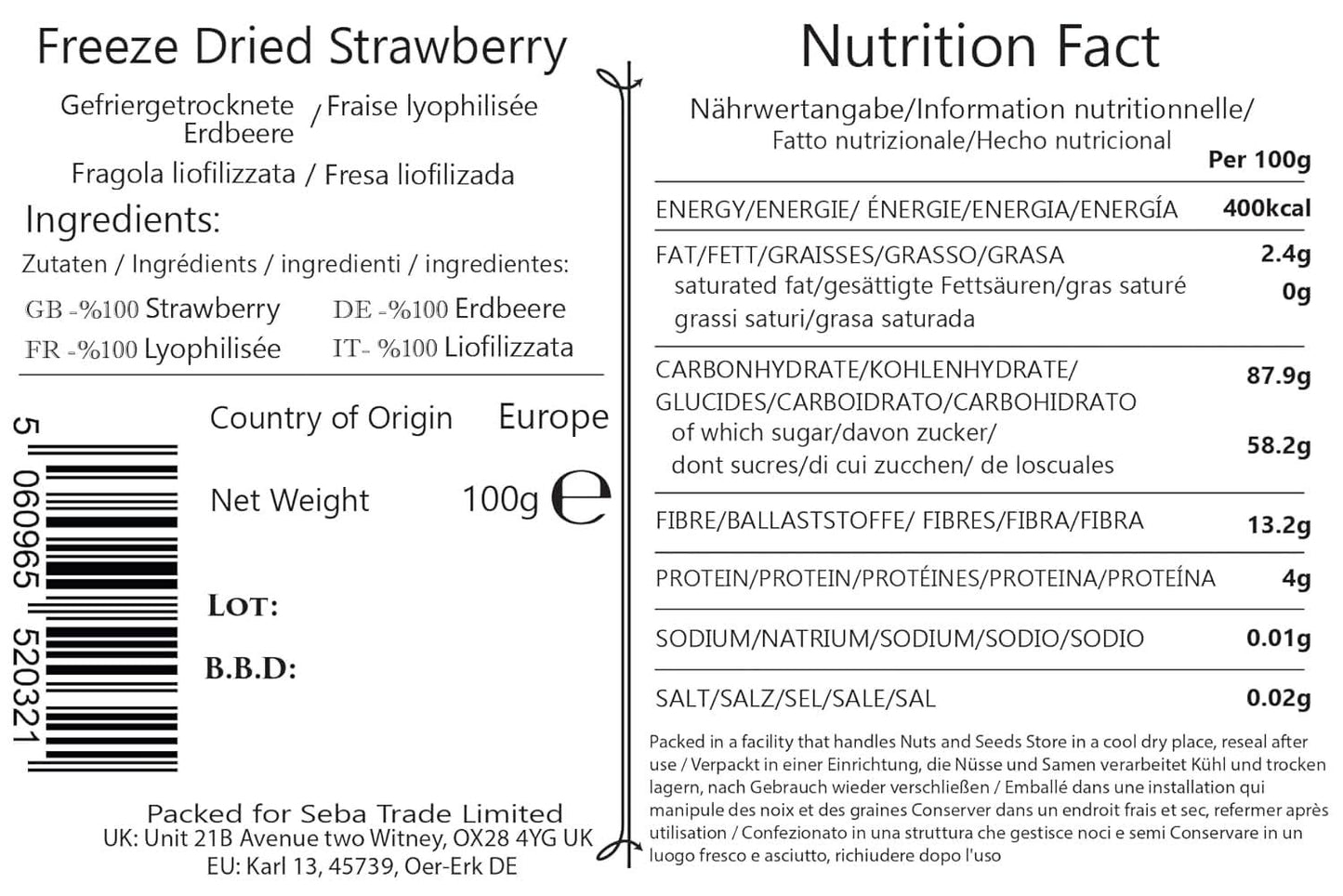 Seba Garden Premium, köstliche getrocknete mediterrane Erdbeeren, gentechnikfrei und vegan. Trockenprodukte Naty Shop