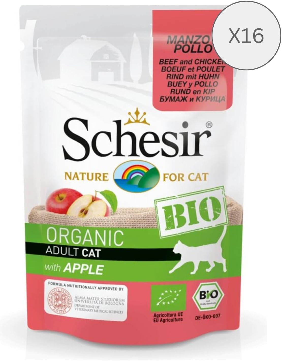 Cat Bio Adult Rind und Huhn mit Apfel, Nassfutter für Katzen, 16 Beutel x 85 g
