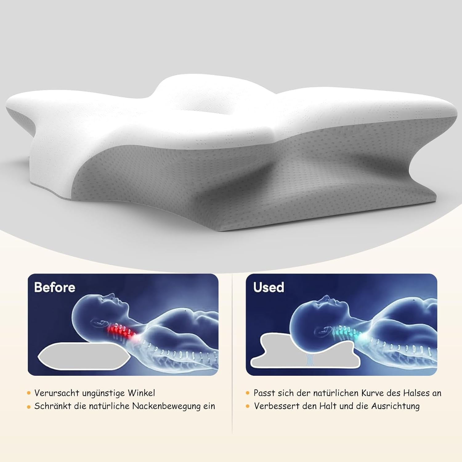 Ergonomisches Nackenkissen aus Memory-Schaum mit abnehmbarem, waschbarem Bezug für orthopädischen Schlaf, Nacken- und Bauchschmerzen (55 x 35 x 13 cm). Orthopädische Nackenkissen von Naty Shop
