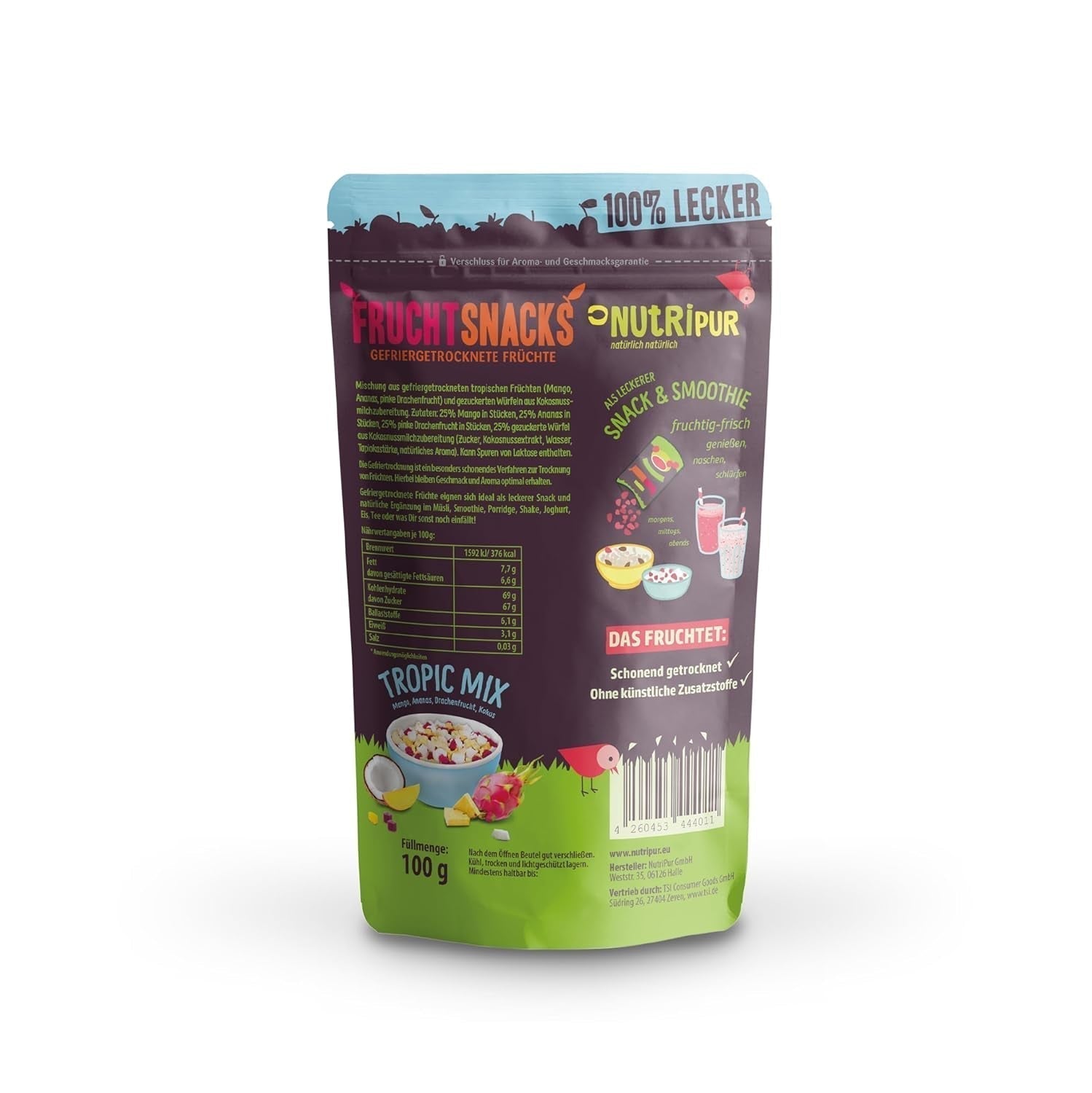 Mischung aus gefriergetrockneten Früchten „Tropic-Mix“ 100g I Waldfrüchte und Trockenfrüchte I Mischung aus Kokosnuss, Drachenfrucht, Mango und Ananas I NutriPur Dehydrierte Produkte Naty Shop