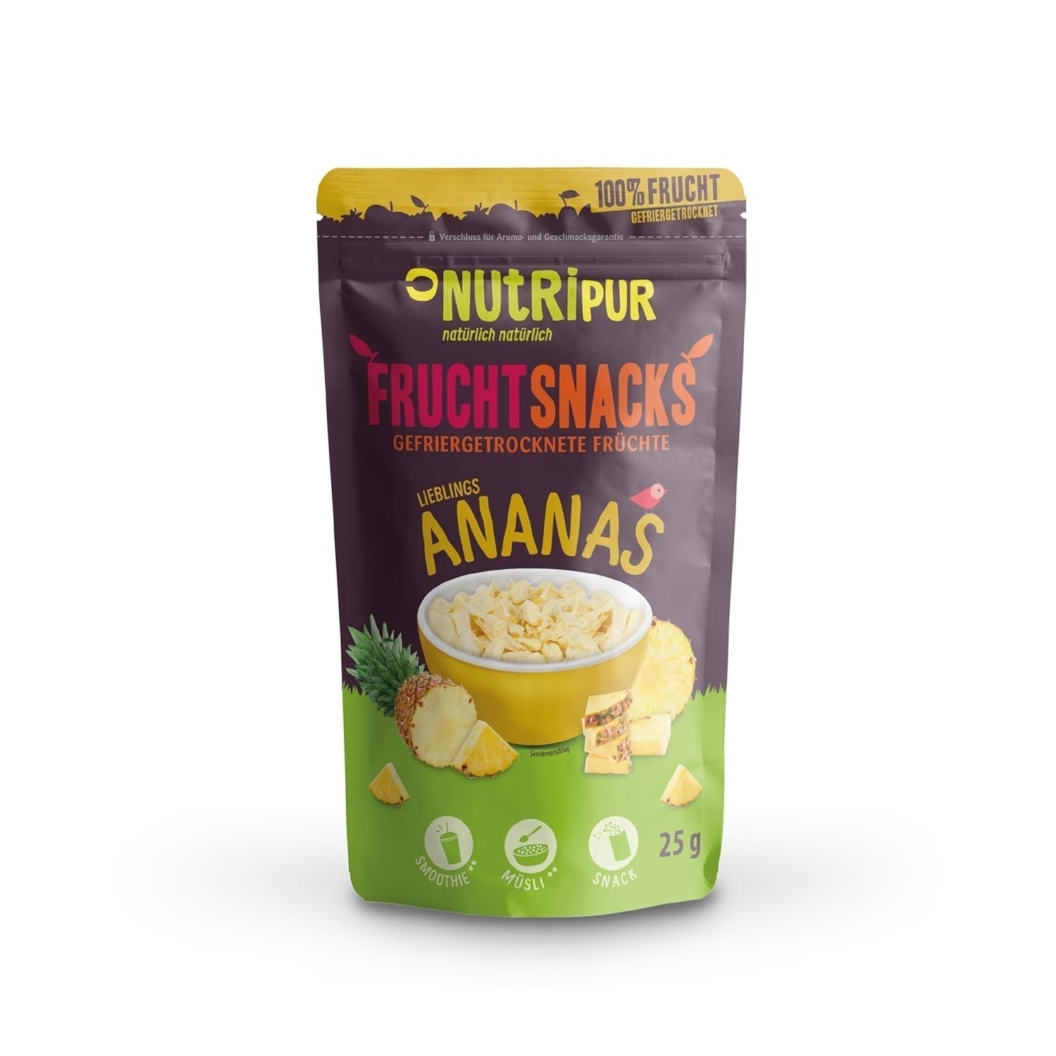 BITS gefriergetrocknete Ananas 100g große Stücke für Smoothie-Bowls, Müsli, Porridge-Topping – gefriergetrocknete Früchte ohne Zuckerzusatz – getrocknete Ananas – Früchte von NutriPur Dehydrierte Produkte Naty Shop Standardtitel