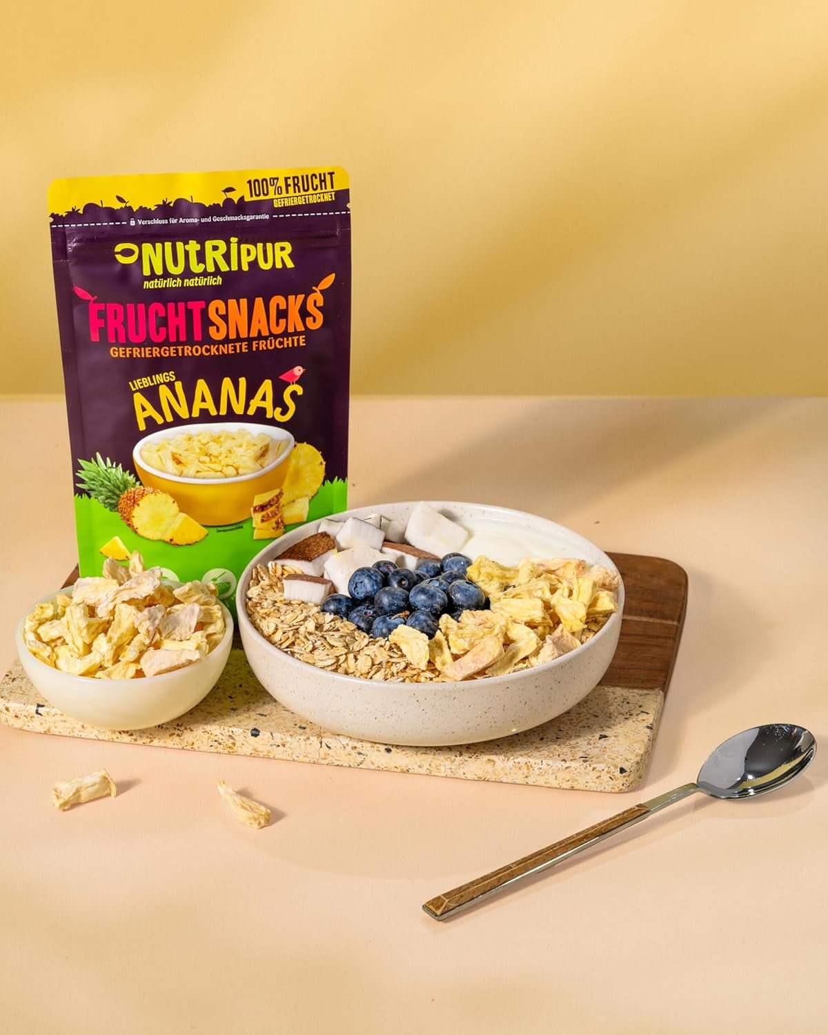 Gefriergetrocknete Ananas BITS 100g große Stücke für Smoothie Bowls, Müsli, Porridge Topping - gefriergetrocknete Früchte ohne Zuckerzusatz - getrocknete Ananas - Früchte von NutriPur Dehydrierte Produkte Naty Shop