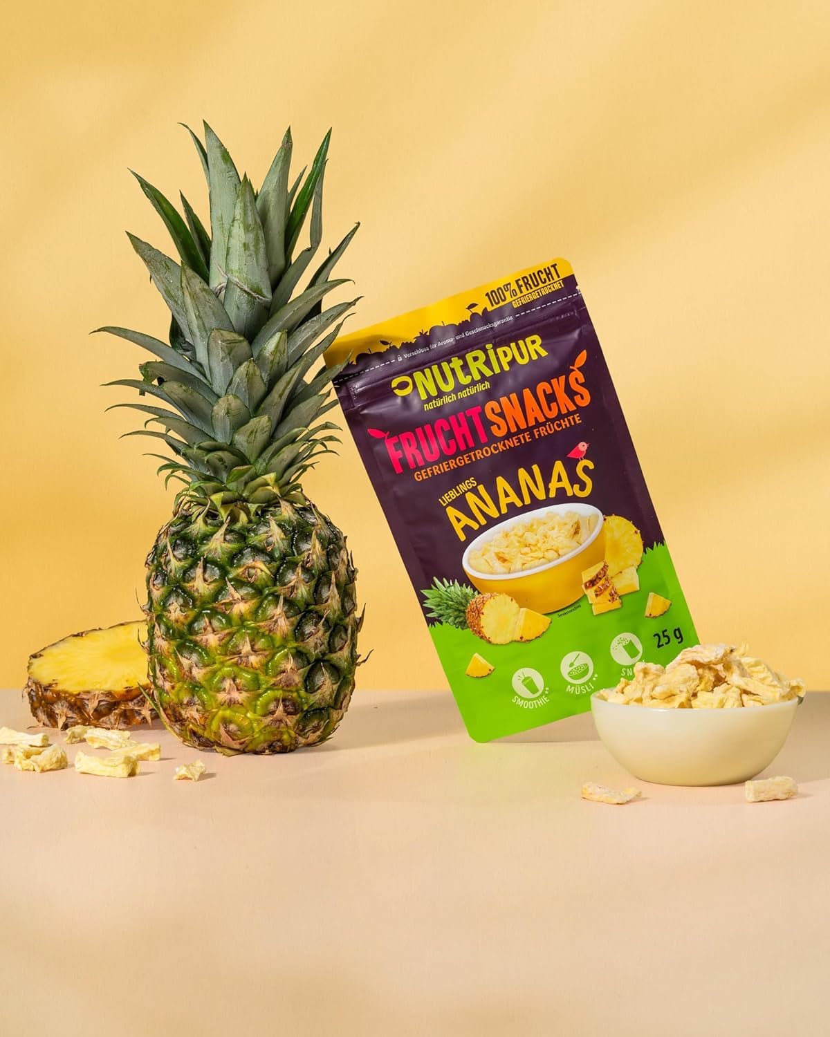Gefriergetrocknete Ananas BITS 100g große Stücke für Smoothie Bowls, Müsli, Porridge Topping - gefriergetrocknete Früchte ohne Zuckerzusatz - getrocknete Ananas - Früchte von NutriPur Dehydrierte Produkte Naty Shop