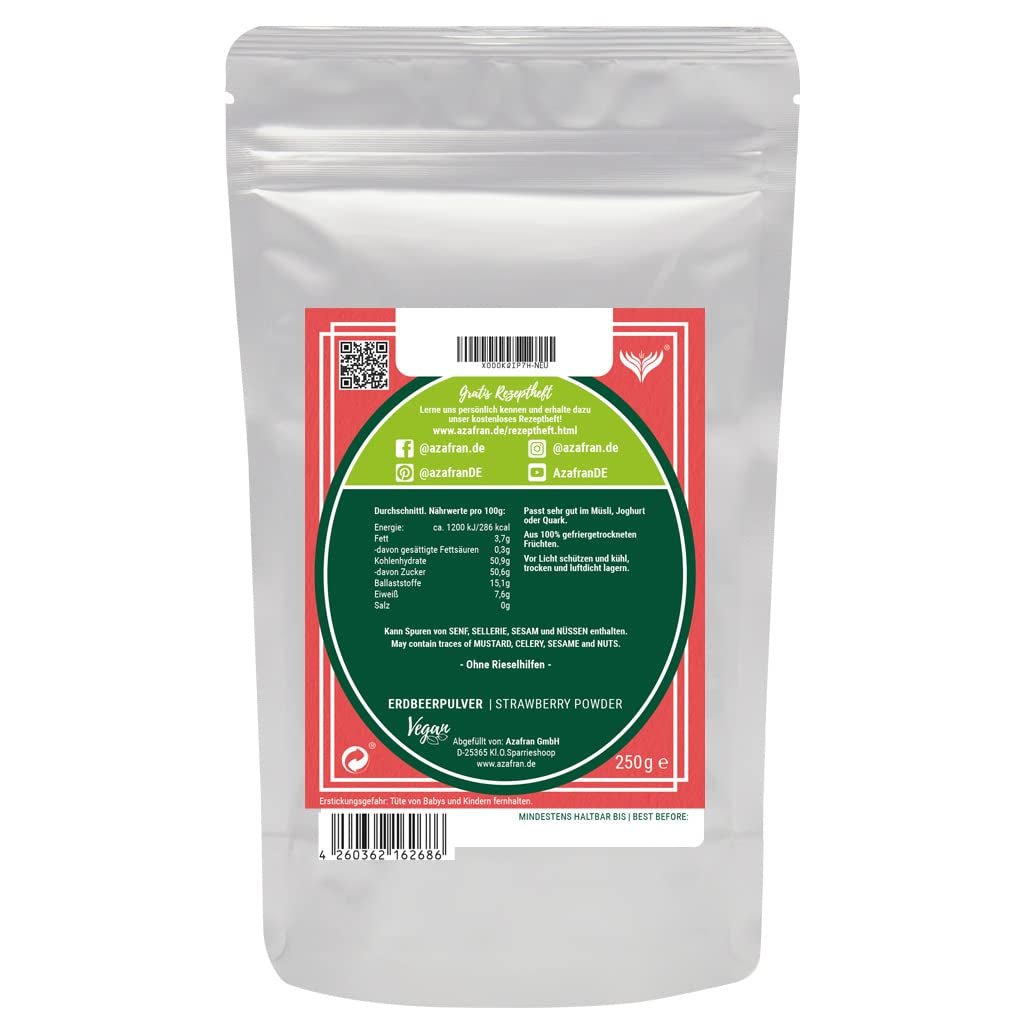 Azafran-Erdbeerpulver, gefriergetrocknete (gemahlene) Erdbeeren, Erdbeerpulver 250g Dehydrierte Produkte Naty Shop