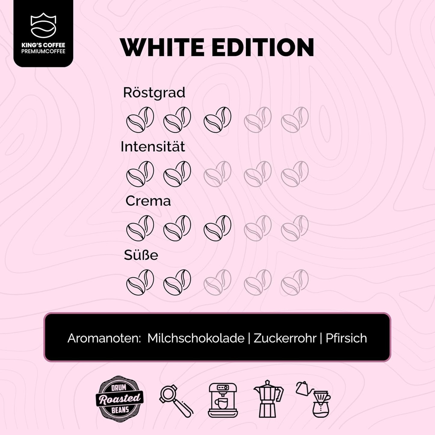 KING'S COFFEE – WHITE EDITION – leichte Mischung aus 100 % Arabica aus Äthiopien, Mexiko, Peru und Tansania – Kleinserienröstung in Italien – ganze Espressobohnen für Siebträgermaschinen – 1 kg