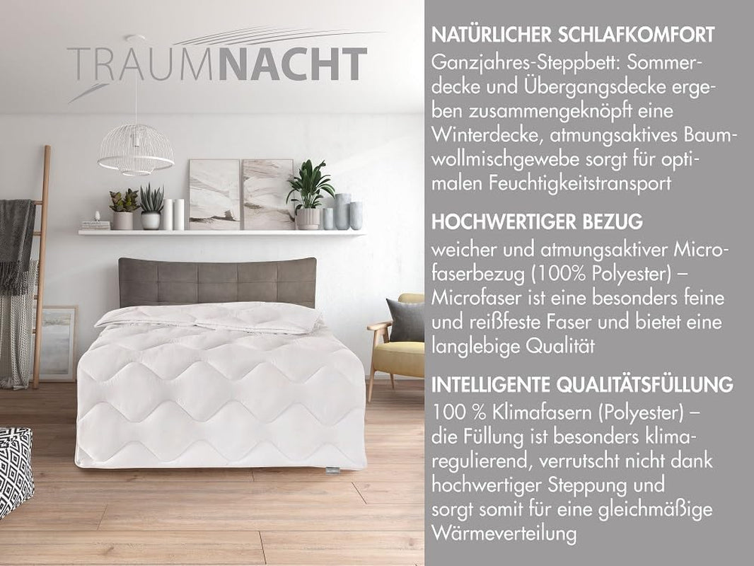 Traumnacht Cosy - Bettwäsche-Set 4 Jahreszeiten, 1 X teilbare Steppdecke 135 x 200 und 1 X Kissen 80 x 80 cm, Öko-Tex-zertifiziert, weiß, entwickelt in Deutschland, (2er-Pack) Steppdecken und Steppdecken Naty Shop