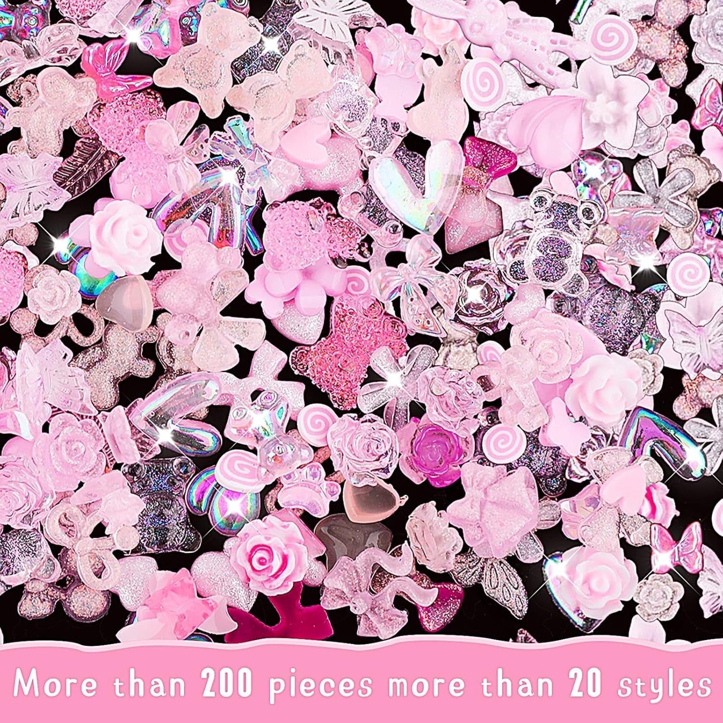 200 Stück Nail Art Charms 3D Nail Art Dekoration Set Bogen Nagel Anhänger Rosa Gemischter Stil Schleife Blume Teddybär Lutscher Herzform Nail Art Dekoration DIY Handwerk Nageldesign