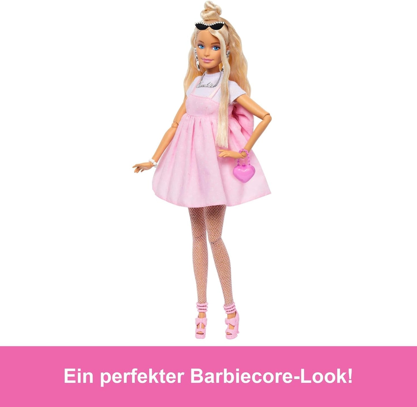 Barbie-Puppe Deluxe Style-Nr. 3 mit Barbiecore-Outfit, blonden Haaren in einem hohen Dutt, pastellrosa Kleid mit übergroßer Schleife und Accessoires wie Netzstrumpfhosen, HYV27 Naty Shop Dolls