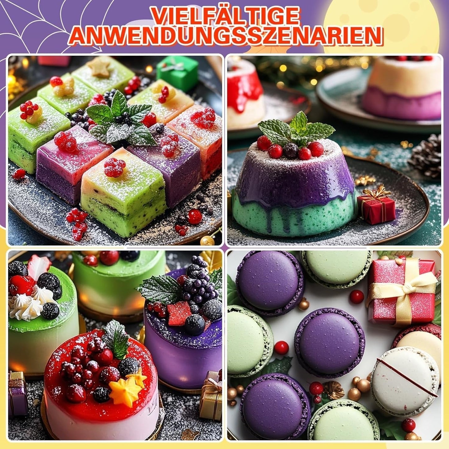 Lebensmittelfarbpulver – 4 Farben Lebensmittelfarbe, konzentrierte Lebensmittelfarbe, Rot, Grün, Blau, Lila, Lebensmittelfarbe zum Dekorieren von Kuchen, Backen, Zuckerguss, Dessert, Kochen – 5 g