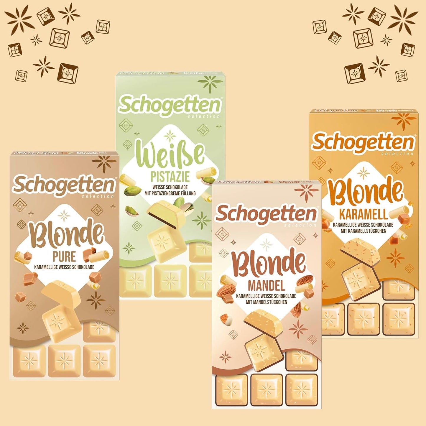 Schogetten Blondes Karamell | Karamell mit weißer Schokolade und Karamellstückchen | Schokoriegel 100g | Praktisch portioniert