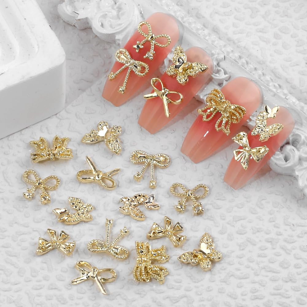 50 Stück 3D Gold Bow Nail Charms Butterfly Nail Art Charms Legierung Bogen Nagel Charms Nägel Zubehör Schleife Nagelschmuck Metall Schleifen Schmetterling Nageldesign Nagelanhänger Nailart Strasssteine