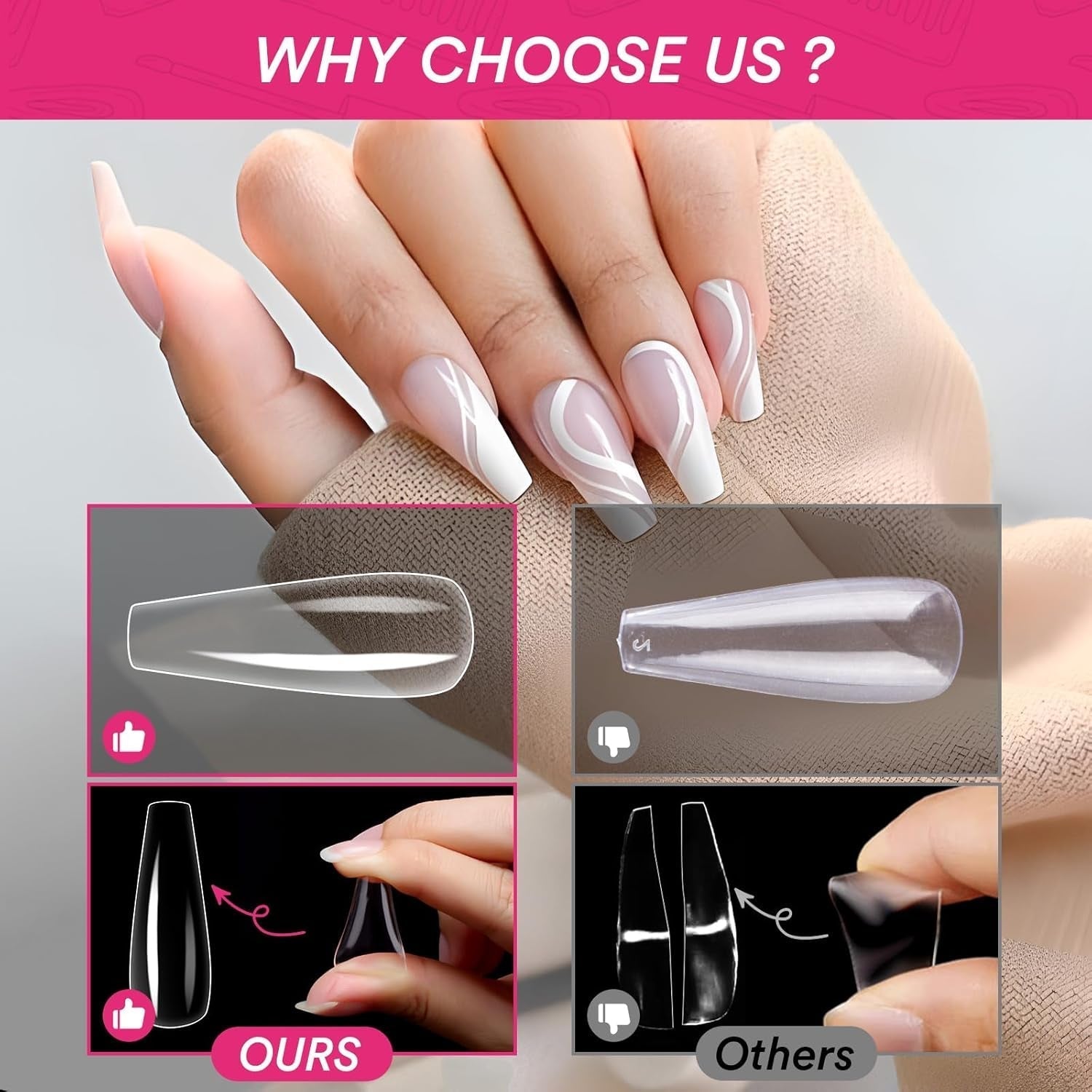 Alyvisun Ballett-Nagelspitzen, 500 Stück, vollständig abdeckende Acryl-Nagelspitzen mit 240 Stück Nagelaufkleber-Set, 10 Größen, transparente Gel-Nagelspitzen, weiche Gel-Nagelspitzen, Ballerina-Nagelspitzen