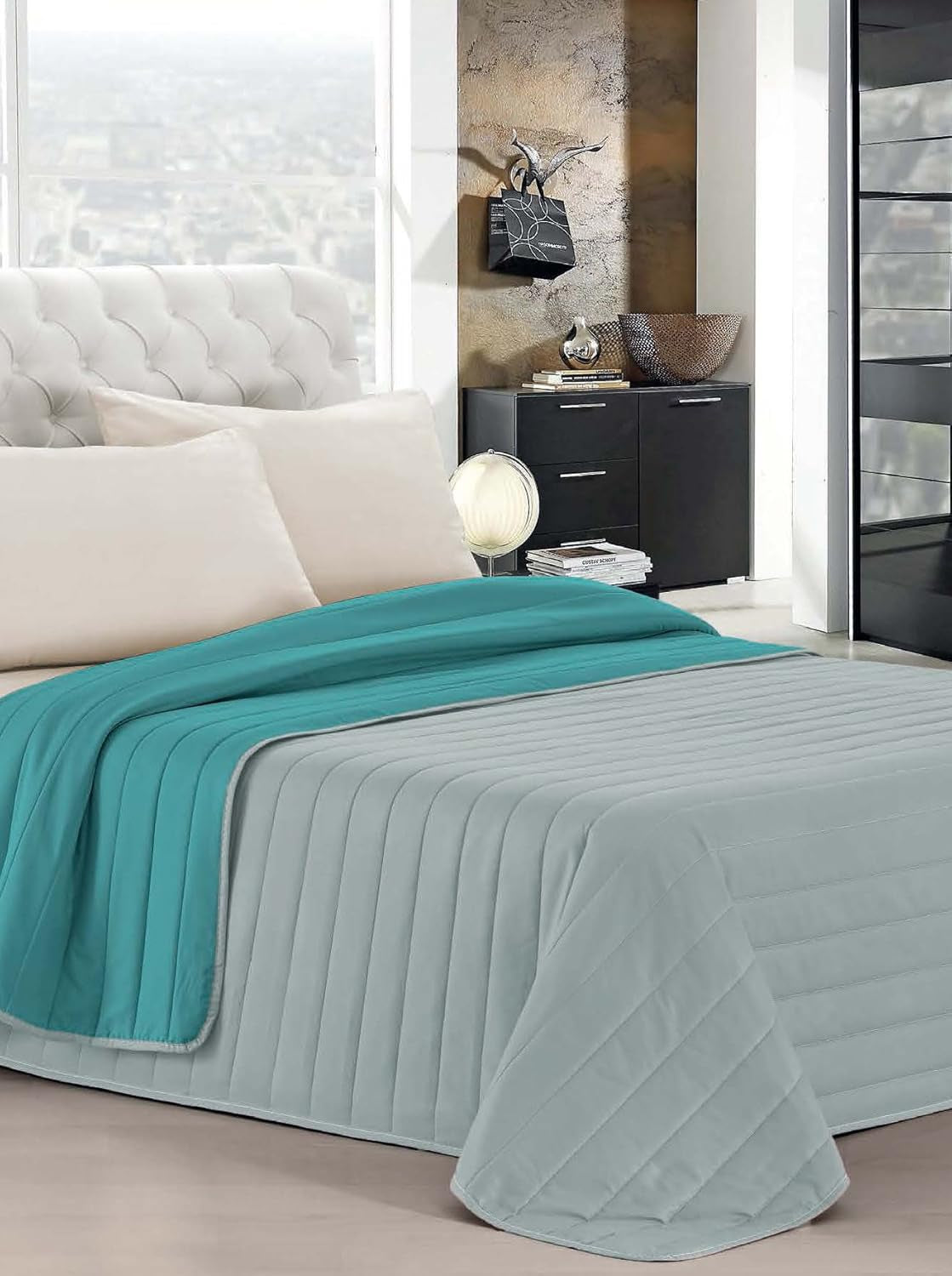 Italienische Bettwäsche Estivo Einzelbett, Leinen, Aqua, 170 x 270 cm Bettdecken und Steppdecken Naty Shop Aqua/Grau 170 x 270 cm