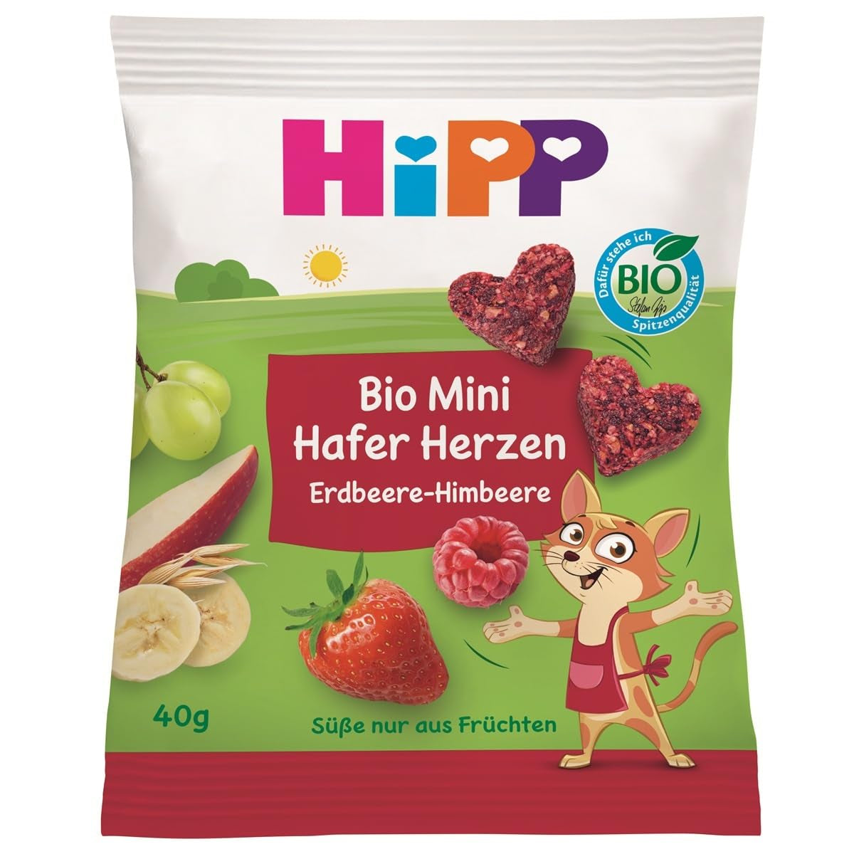 HiPP Mini Erdbeer-Himbeer-Haferherzen (12 x 40g), ab 1 Jahr, Bio-Snack-Herz, reich an Getreide und Ballaststoffen, nur aus Früchten gesüßt, in bester Bio-Qualität