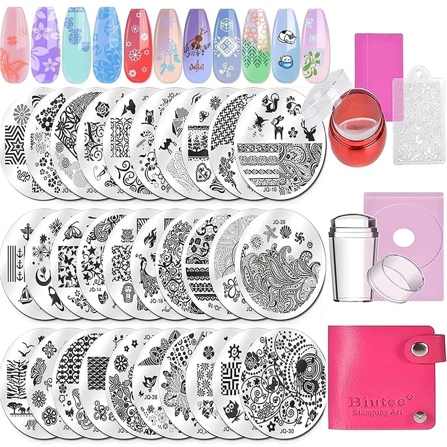 Biutee Nagelstempel-Set, 30-teilig, Nagelschablone, Nagelstempeln, Tiere, Blumen, Bilder, Nagelstempelplatte mit 2 Stempeln, 2 Schabern, Nageldesign-Zubehör, französischer Nagelstempel