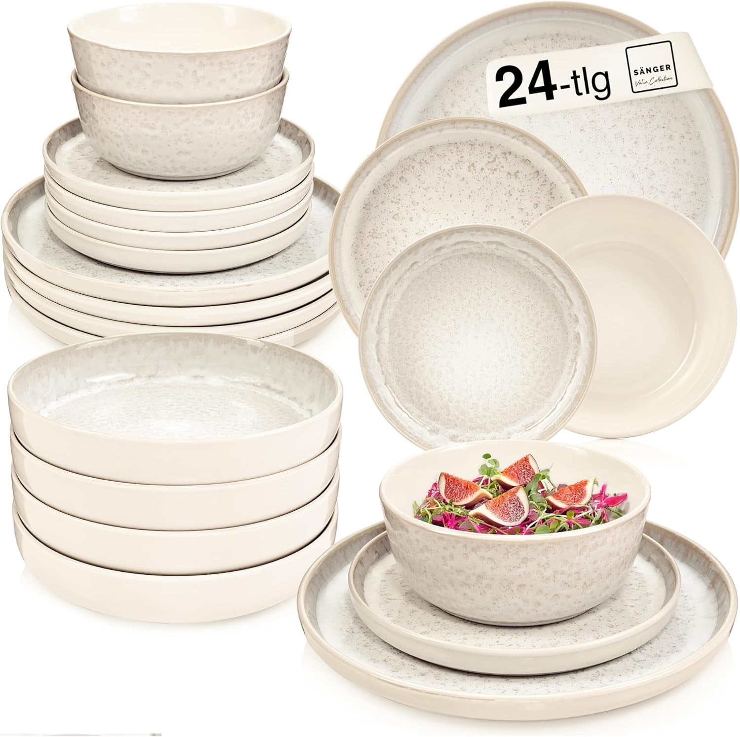 SÄNGER Key West | Steinzeug-Geschirr-Set, 24-teiliges Speiseteller-Set für 6 Personen, 6 Speiseteller, Müslischalen, Dessertteller, Nudelschalen, cremefarbenes Geschirr mit sandiger Textur | DIE VALUE-KOLLEKTION