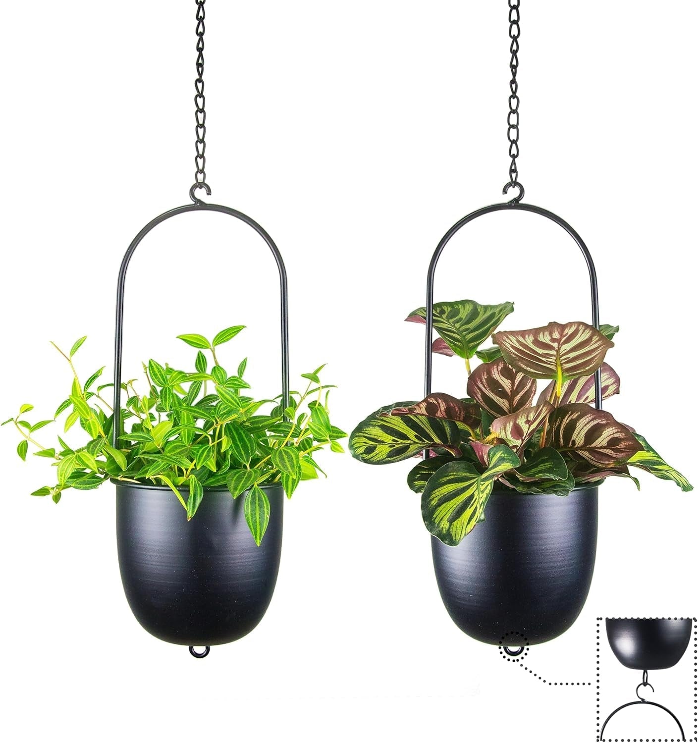 Hängende Blumentöpfe aus Metall, 2 Stück, schwarz, ovaler geometrischer Pflanzenaufhänger mit Töpfen, moderner Wand- und Deckenpflanzer für drinnen und draußen, 15,2 cm, Blumentöpfe 2 Stück