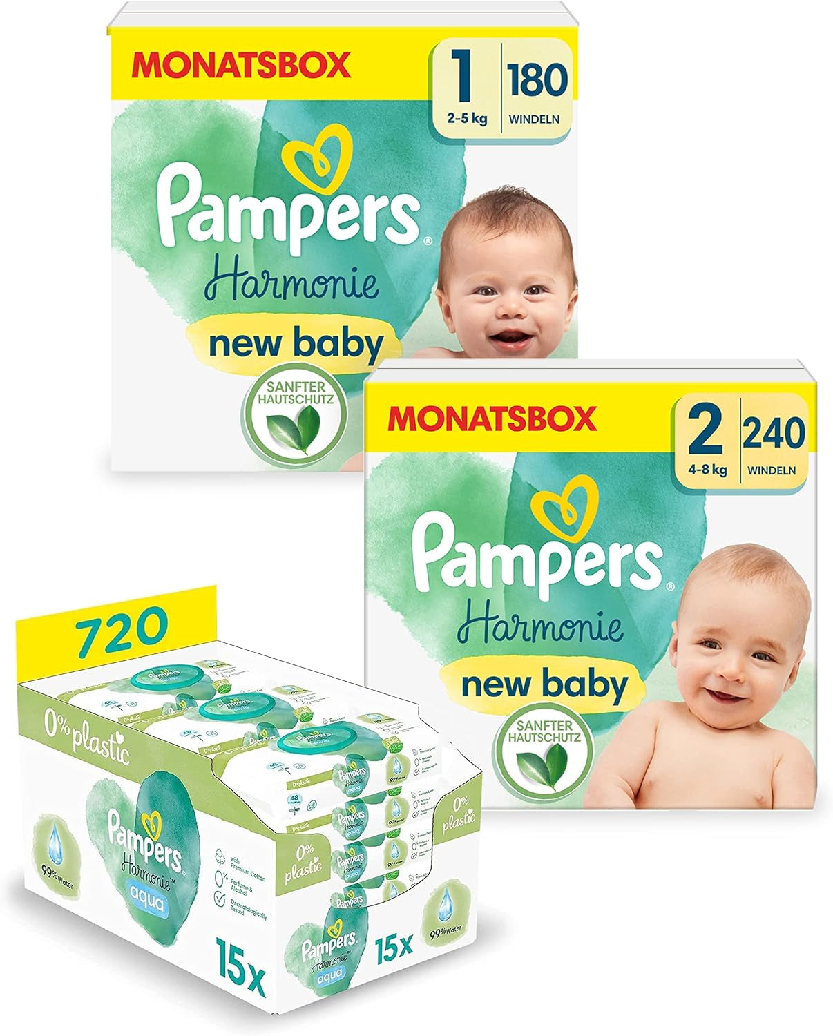 Harmonie Aqua Babywindelset Größe 1 (2–5 kg, 180 Stück), Größe 2 (4–8 kg, 240 Stück), Halbmondbox und Aqua Babytücher, 720 Tücher (15 x 48), Baby-Starterset