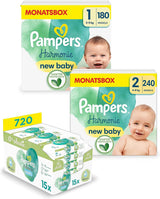 Harmonie Aqua Babywindelset Größe 1 (2–5 kg, 180 Stück), Größe 2 (4–8 kg, 240 Stück), Halbmondbox und Aqua Babytücher, 720 Tücher (15 x 48), Baby-Starterset
