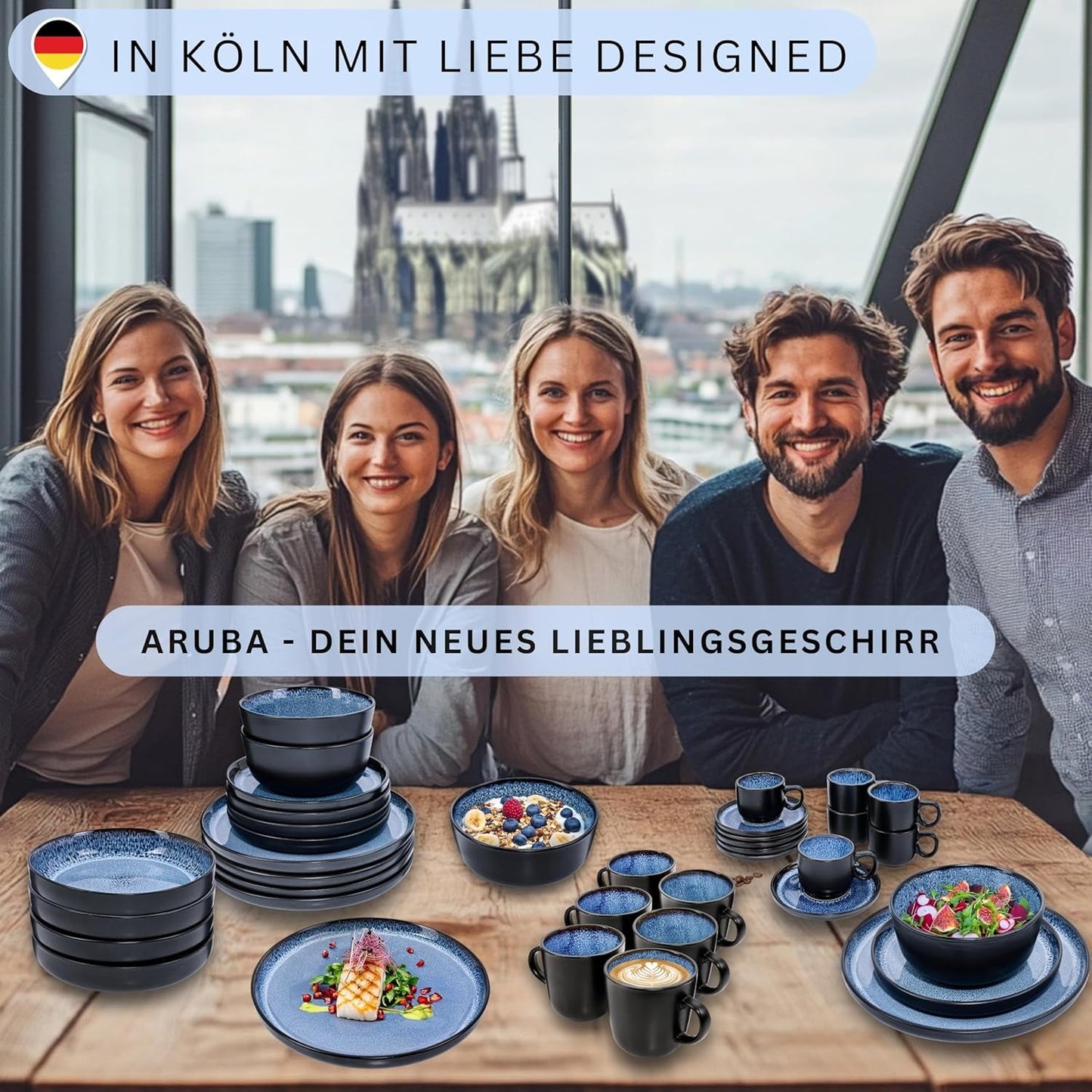 SÄNGER Aruba | Steinzeug-Geschirrset für 6 Personen, 6 Speiseteller, 6 Frühstücksteller, 6 Speiseteller, 6 Nudelschalen, Blau mit schwarzem Rand | DIE VALUE-KOLLEKTION