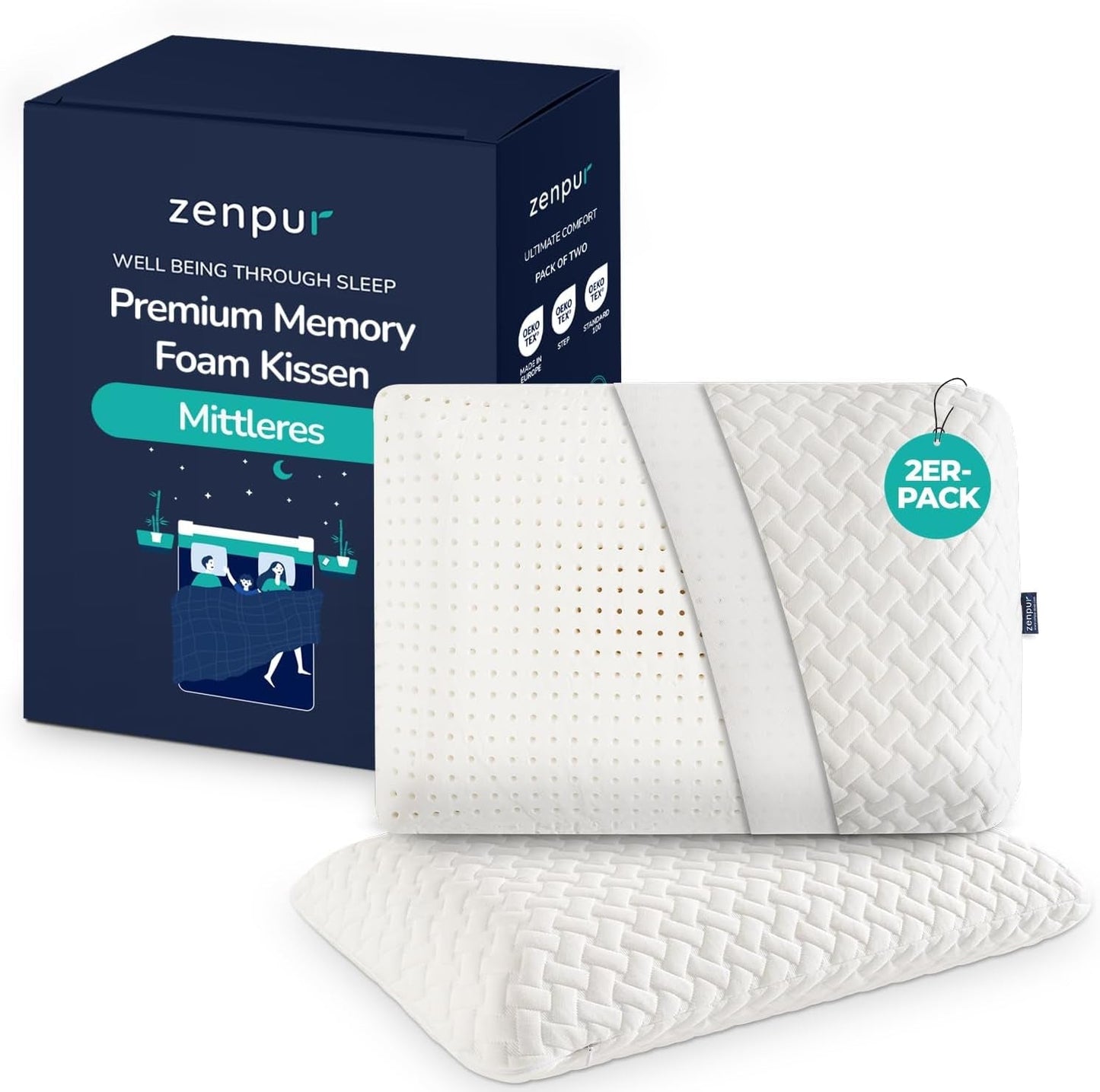 ZenPur Orthopädisches Nackenkissen 40 x 60–13 cm, Kopfkissen aus Memory-Schaum – ergonomisches Schlafkissen für Nacken und Schultern, Öko-TEX-zertifiziert