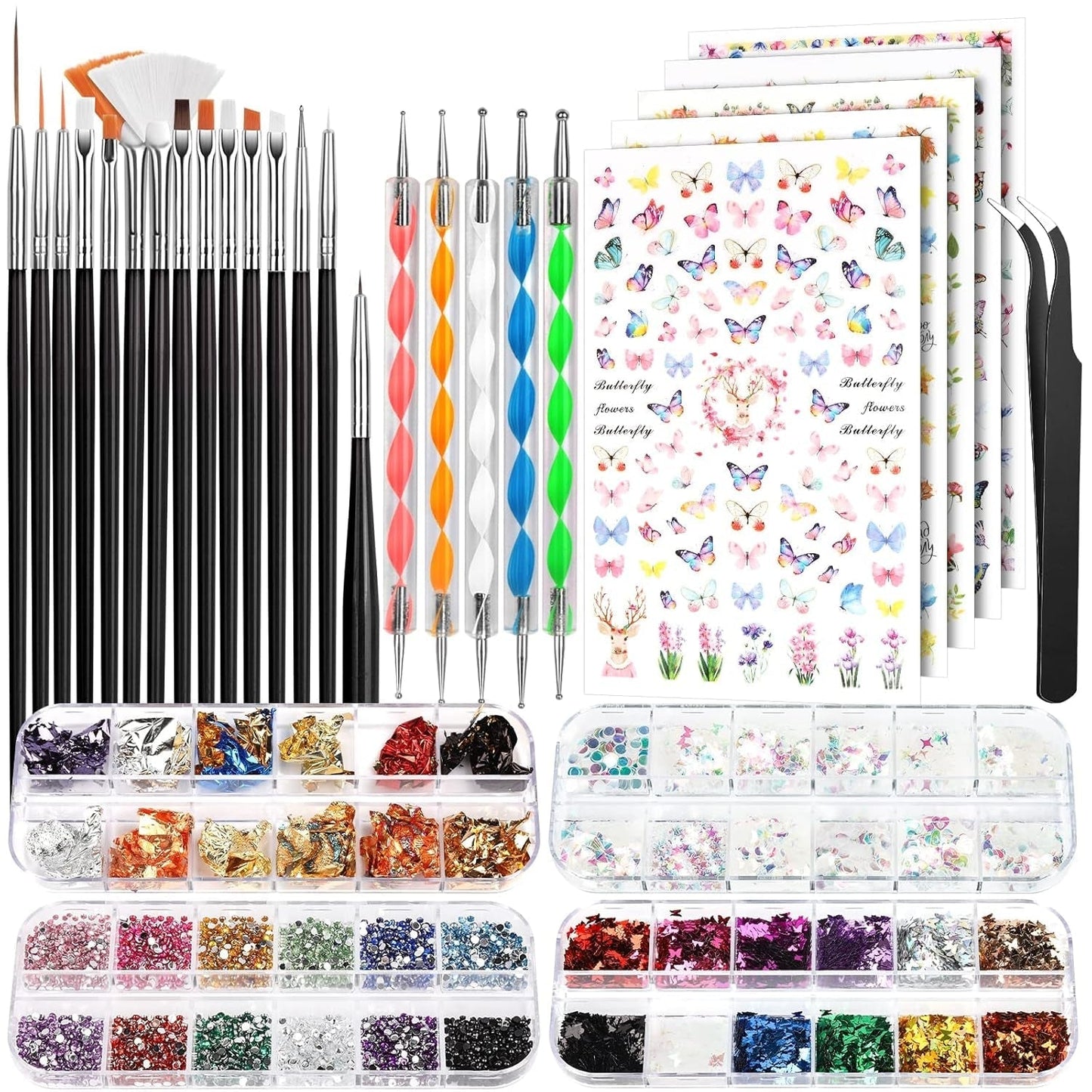 FANDAMEI Pinsel Für Gelnägel, 15 Stück Nagel Pinsel, 5 Blätter Nagelsticker, Strasssteine ​​​​Nägel, Nageldesign Set, Nageldesign Zubehör, Nail Art Pinsel Set, Nailart Pinsel Und Dekorationen Set