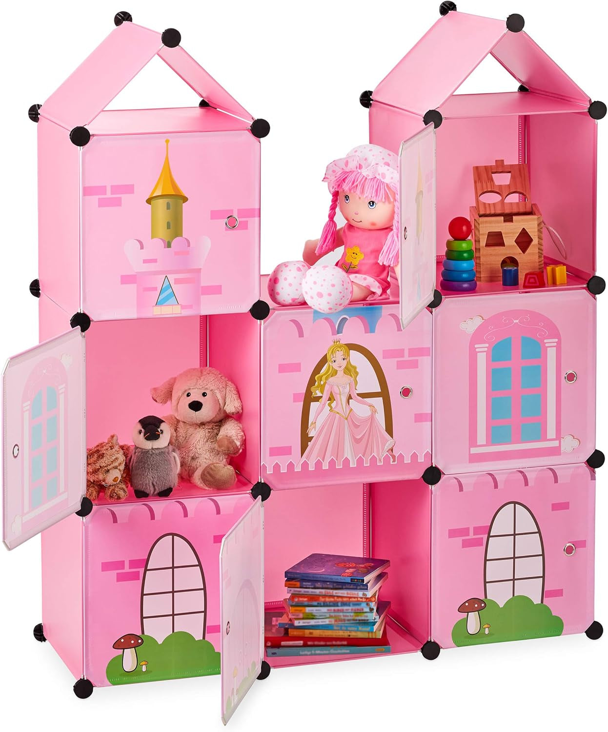 Relaxdays Kinderzimmerregal, Prinzessinnenschloss, Kunststoff, DIY-Schrank mit Türen, HBT: 128 x 110 x 37 cm, rosa Puppenhäuser Naty Shop Single