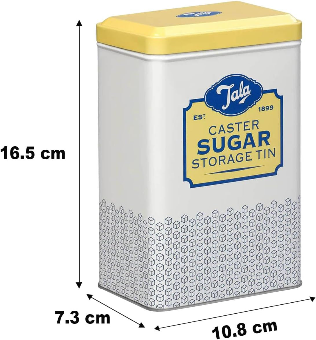 Die Metall-Aufbewahrungsbox im Retro-Design von Tala Originals in Gelb und Creme bietet Platz für eine ganze Tüte Puderzucker