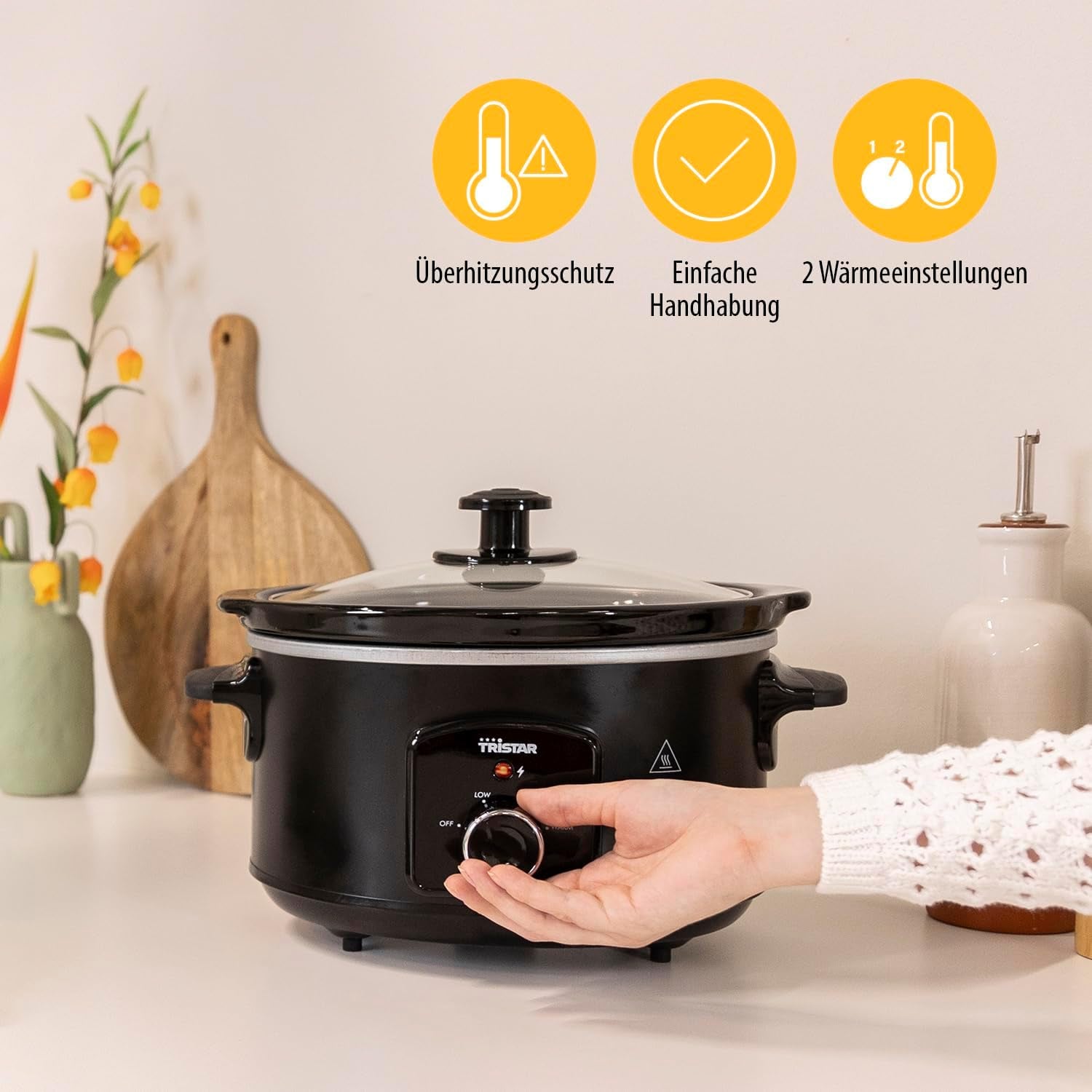Tristar VS-3915 Slow Cooker, Edelstahl-Keramiktopf mit 2 Heizstufen und Warmhaltefunktion, 3,5 L Slow Cooker Naty Shop