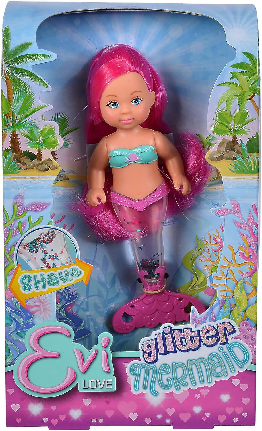 Simba 105733482 – Evi Love Glitter Mermaid, Meerjungfrauenpuppe mit einer Schwanzflosse, die beim Schütteln leuchtet. Es wird nur EIN Artikel bereitgestellt.