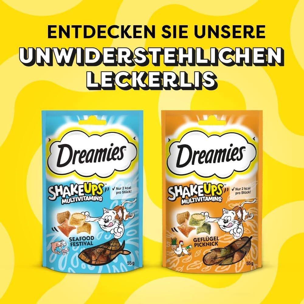 DREAMIES SHAKE UPS Multivitamin Seafood Festival Katzensnacks in Portionsbeuteln – 55 g (6 Beutel)