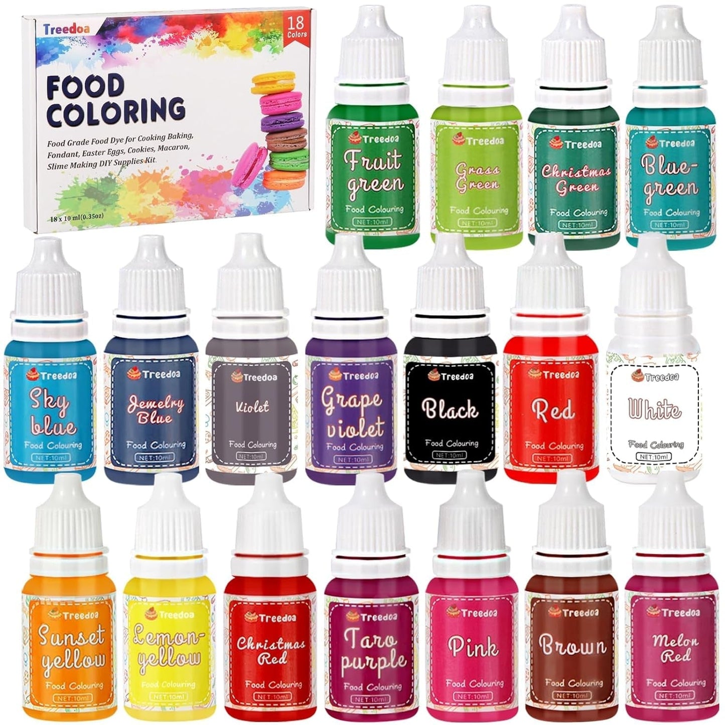 Flüssiges Lebensmittelfarbset, 18 Farben x 10 ml, hochkonzentrierte Lebensmittelfarbe zum Backen von Kuchen, Keksen, Macarons, Kuchendekoration, Ostereiern, Fondant, Teig, DIY-Schleim, Seifen, Backzubehör