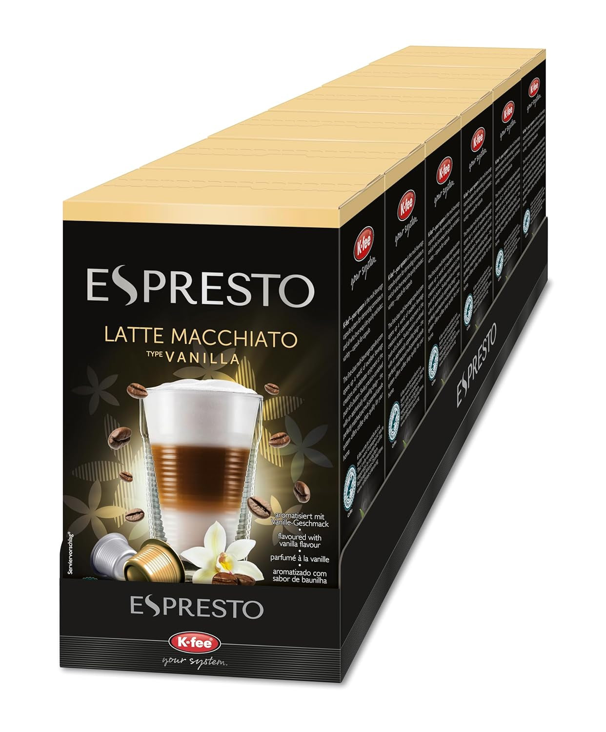 ESPRESTO Latte Macchiato Type Vanille, kompatibel mit K-fee & ALDI EXPRESSI*, RFA-zertifiziert, süß & harmonisch, 48 Kaffeekapseln & 48 Milchkapseln