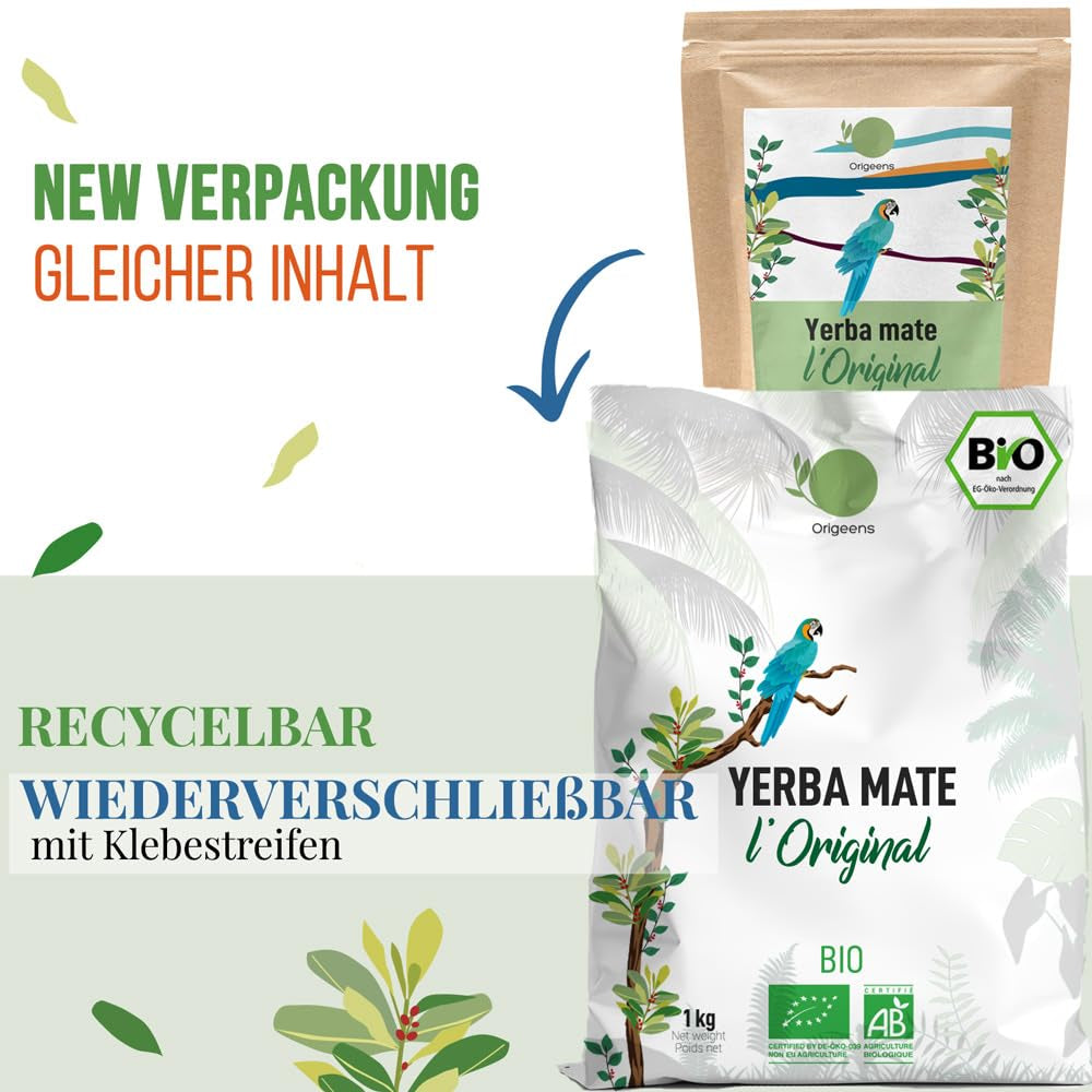 ORIGEENS BIO YERBA MATE TEE 1 KG – Das Original I Ungeröstet, Blätter, ohne Stiele, Staub und Krümel I Energetisierendes und entgiftendes Getränk