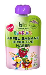 biocentral BioKids Fruchtpüree Apfel Banane Himbeere Hafer | 12 x 90g | Fruchtiger Snack ohne Zuckerzusatz | Vegan