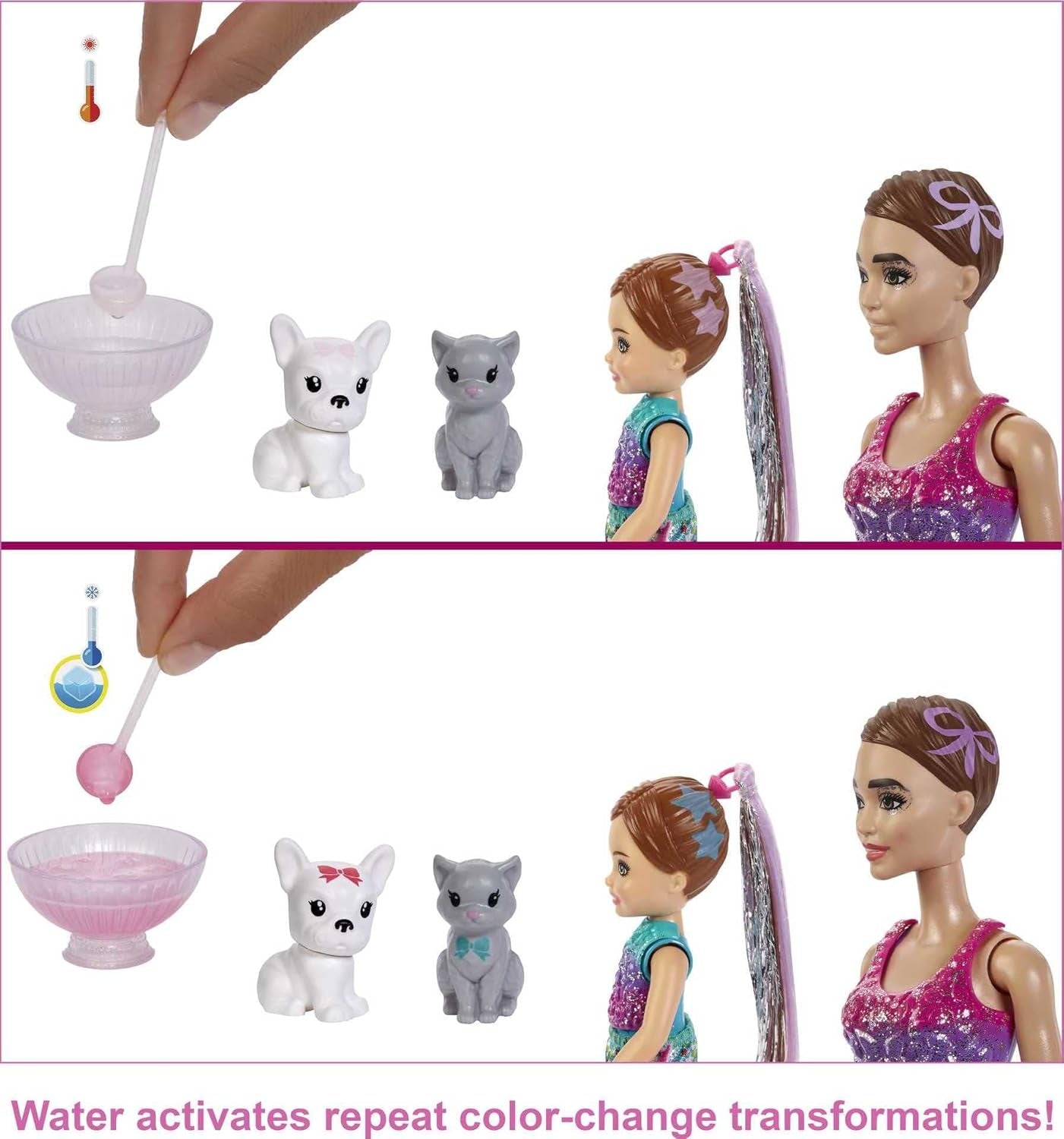 Barbie GXJ88 – Color Reveal Surprise Party, +50 Überraschungen: 1 Puppe, 1 Chelsea-Puppe, 2 Tiere, 6 Farbwechsel, Zubehör und mehr, Tanzparty-Set, Spielzeuggeschenk für Kinder ab 3 Jahren