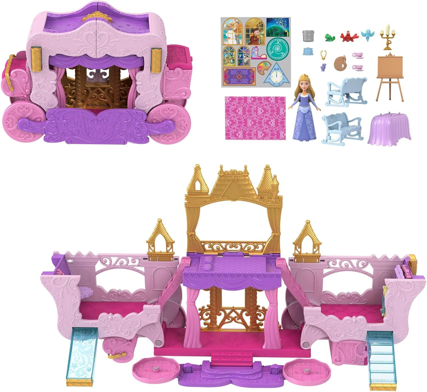Mattel Disney Princess Verwandlungsspielset Kutsche zum Schloss mit kleiner Aurora-Puppe, 3 Ebenen, 6 Spielbereiche, 4 Figuren, Möbel und Zubehör HWX17 Puppen Naty Shop Mehrfarbig