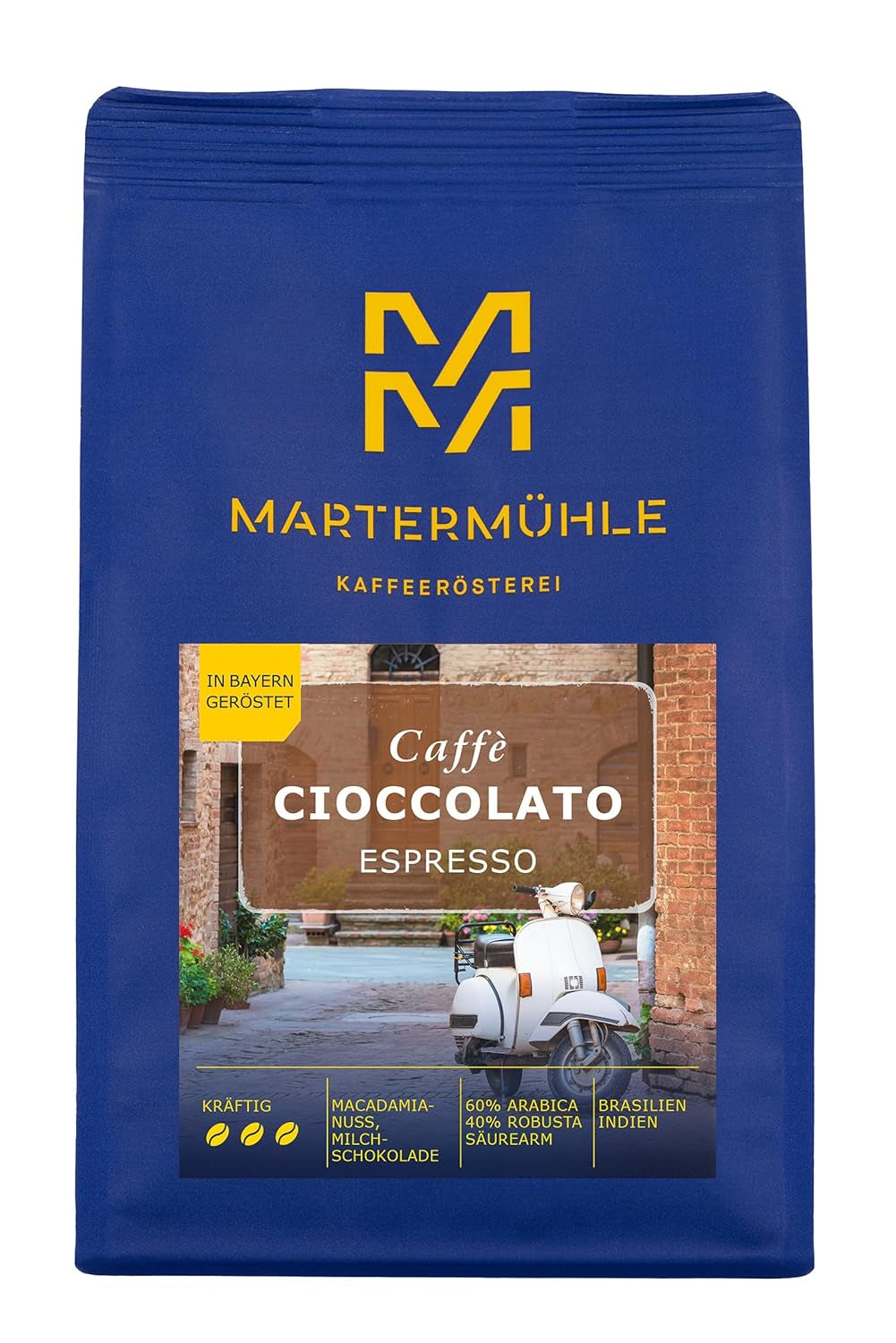 Espressobohnen Martermühle Cioccolato 500g Stark | Arabica/Robusta | Geschmacksrichtungen: Macadamianüsse, Milchschokolade | Hell geröstete ganze Espressobohnen, geringer Säuregehalt