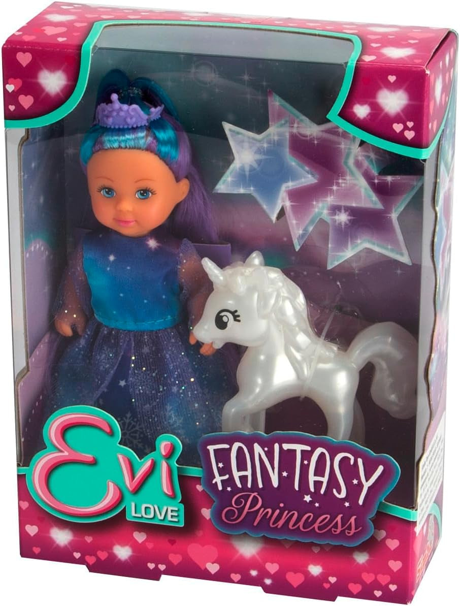 Simba Evi Prinzessin Fantasy of Love Puppe in einem Märchenkleid mit einem funkelnden Einhorn, 12 cm große Spielpuppe, ab 3 Jahren