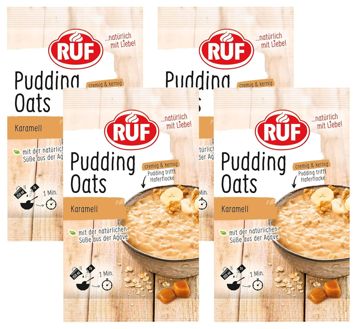 Karamell-Hafer-Pudding, eine harmonische Mischung aus Karamell-Pudding und Vollkornhafer, zuckerfrei, gesüßt mit Agavendicksaft, 1 Beutel x 64 g (4er-Pack)