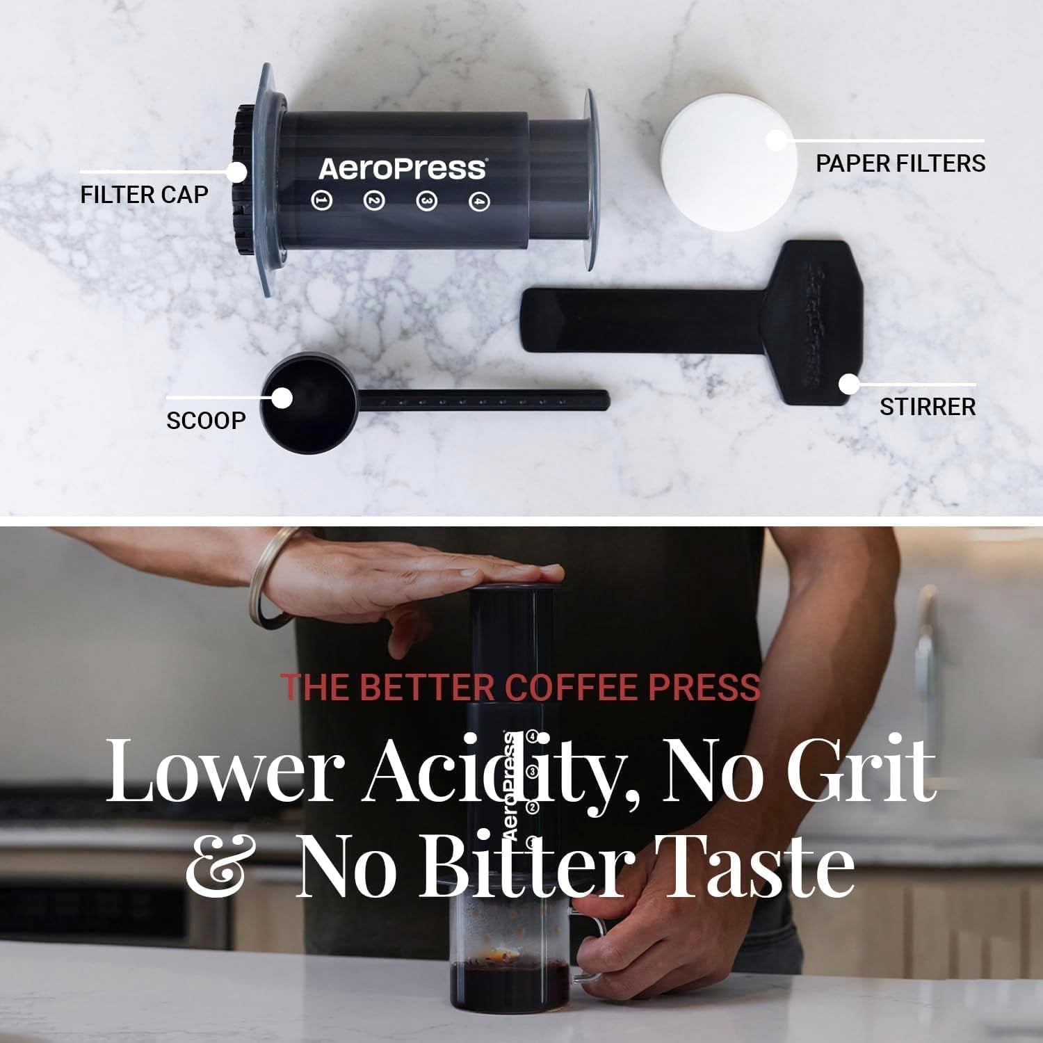 AeroPress Original Kaffee- und Espressomaschine, tragbare Kaffeemaschine auf Barista-Niveau mit Kammer, Kolben und Filtern, schnelle Kaffee- und Espressomaschine