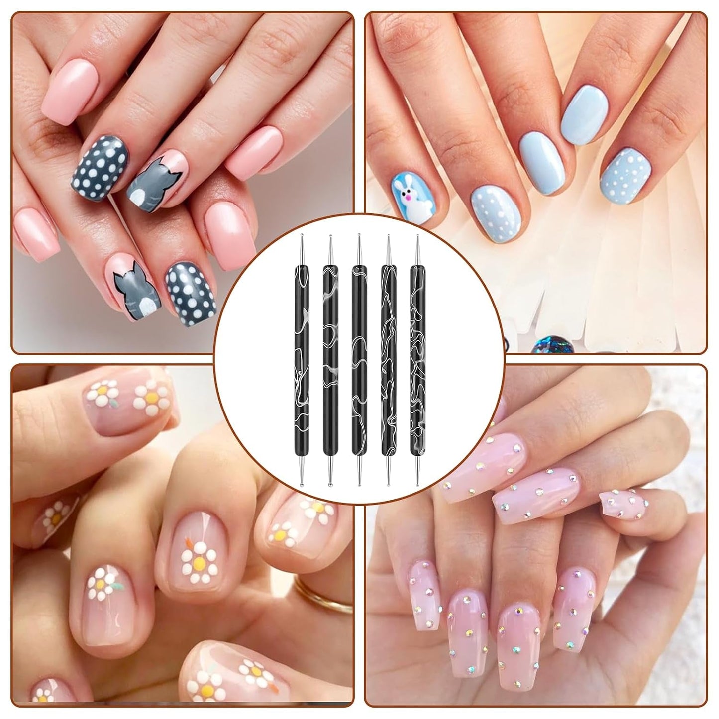 5 Stück Nail Design Dotting Tools Nagelkunst Werkzeug Nagelpunkt Pinsel Punktierung Stift Marbleizing Werkzeug Für Nagelack Maniküre, Schwarz