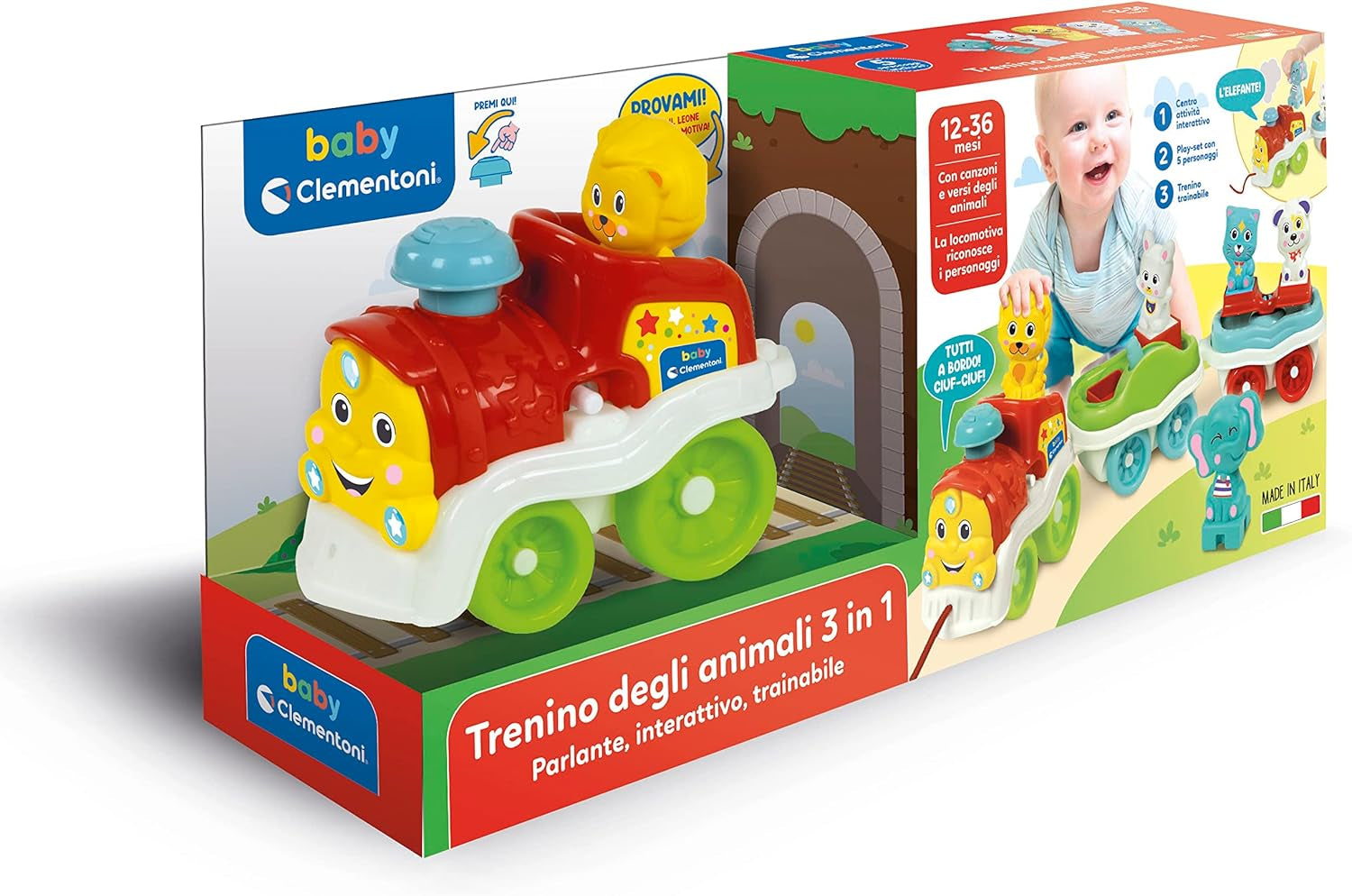 Clementoni Animali-3, sprechendes, interaktives, erweiterbares elektrisches Zugspielzeug für 1-jährige Babys (italienische Version), hergestellt in Italien, mehrfarbig, 17740 Jucarii Bebe Naty Shop