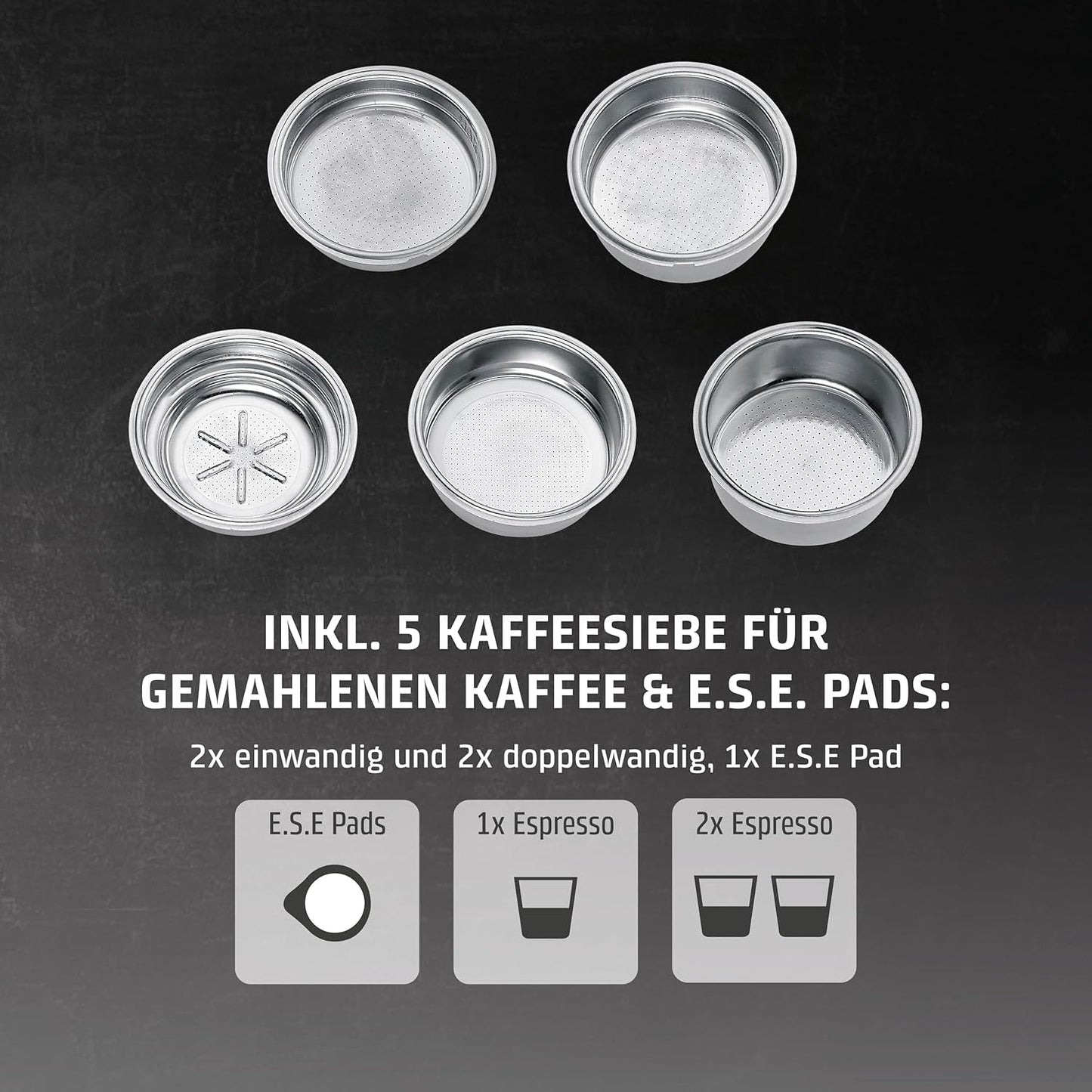 CASO EspressoGourmet Crema – Siebträger-Espressomaschine mit Milchaufschäumer, Espresso, Cappuccino, Edelstahl-Siebträger, ULKA 20-bar-Pumpe, Kaffeemaschine, gemahlener Kaffee, ESE-Kapseln