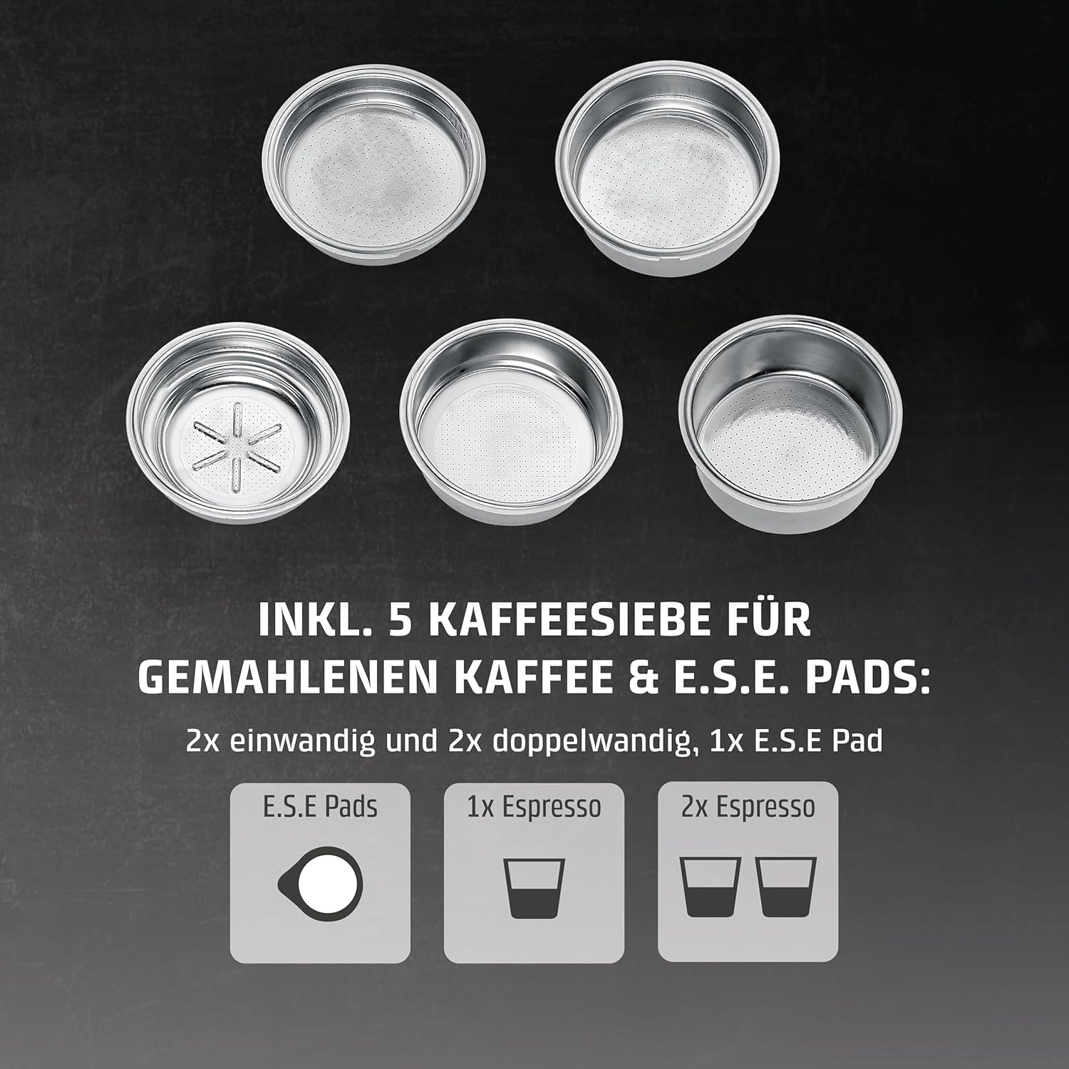 CASO EspressoGourmet Crema – Siebträger-Espressomaschine mit Milchaufschäumer, Espresso, Cappuccino, Edelstahl-Siebträger, ULKA 20-bar-Pumpe, Kaffeemaschine, gemahlener Kaffee, ESE-Kapseln