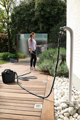 GF SRL, Aquapop Grey Limited Edition mit 25 m langem selbstverlängernden Textilschlauch, hergestellt in Italien, weicher Plastikbeutel, Düsen und Armaturen Lancia 8 für die Gartenbewässerung, dunkelgrau