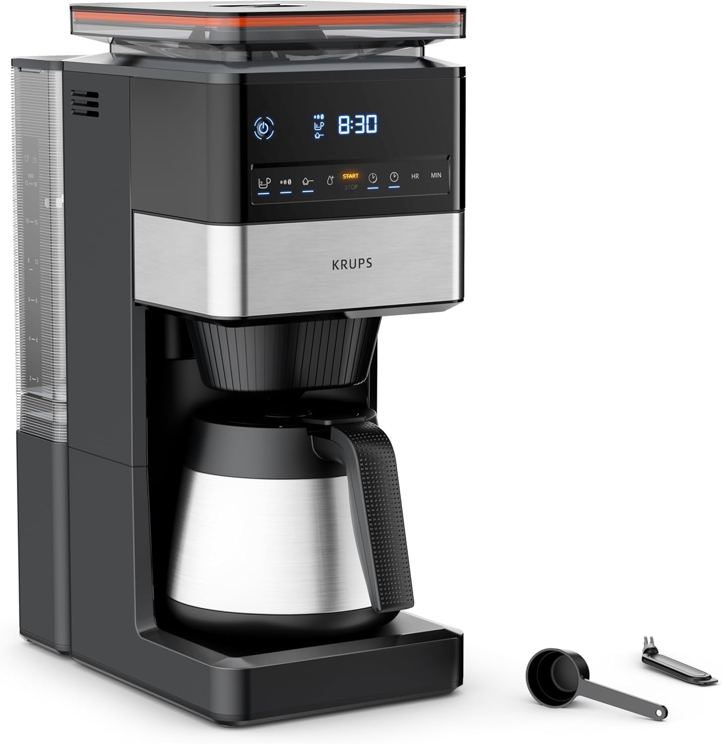 KRUPS Grind Aroma XL Espressokocher, abnehmbares konisches Mahlwerk, digitales Bedienfeld, XL-Kapazität (1,5 l), Warmhaltefunktion, Glaskaraffe, Schwarz/Edelstahl, KM842810