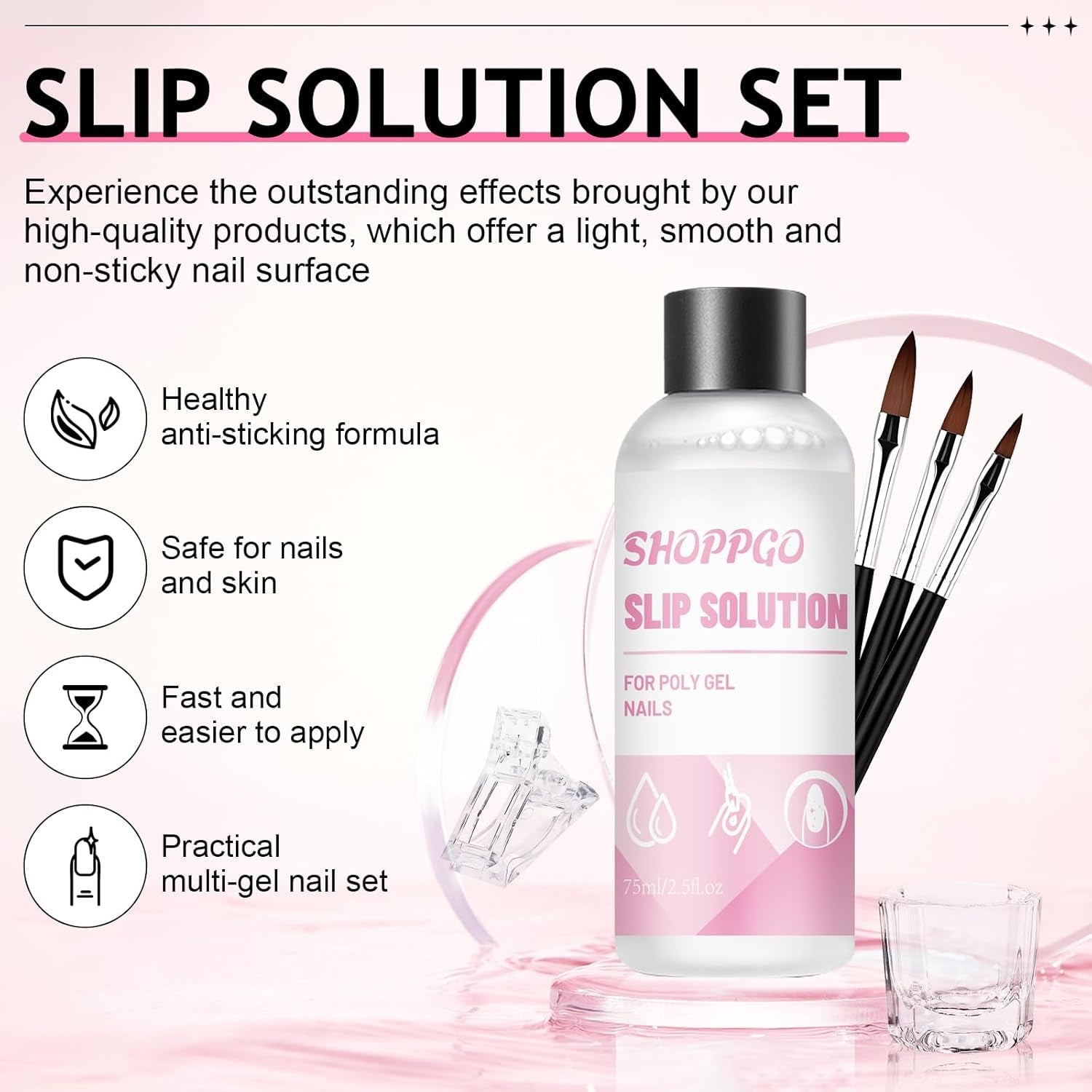 Polygel-Nagellösung, Polygel-Slip-Solution-Nagelset, Polygel-Flüssignagellösungen 75 ml, 5 Nagelspitzen-Clips, 3 Nagelbürsten, 1 Kristallbecher, 100 Reinigungsblätter