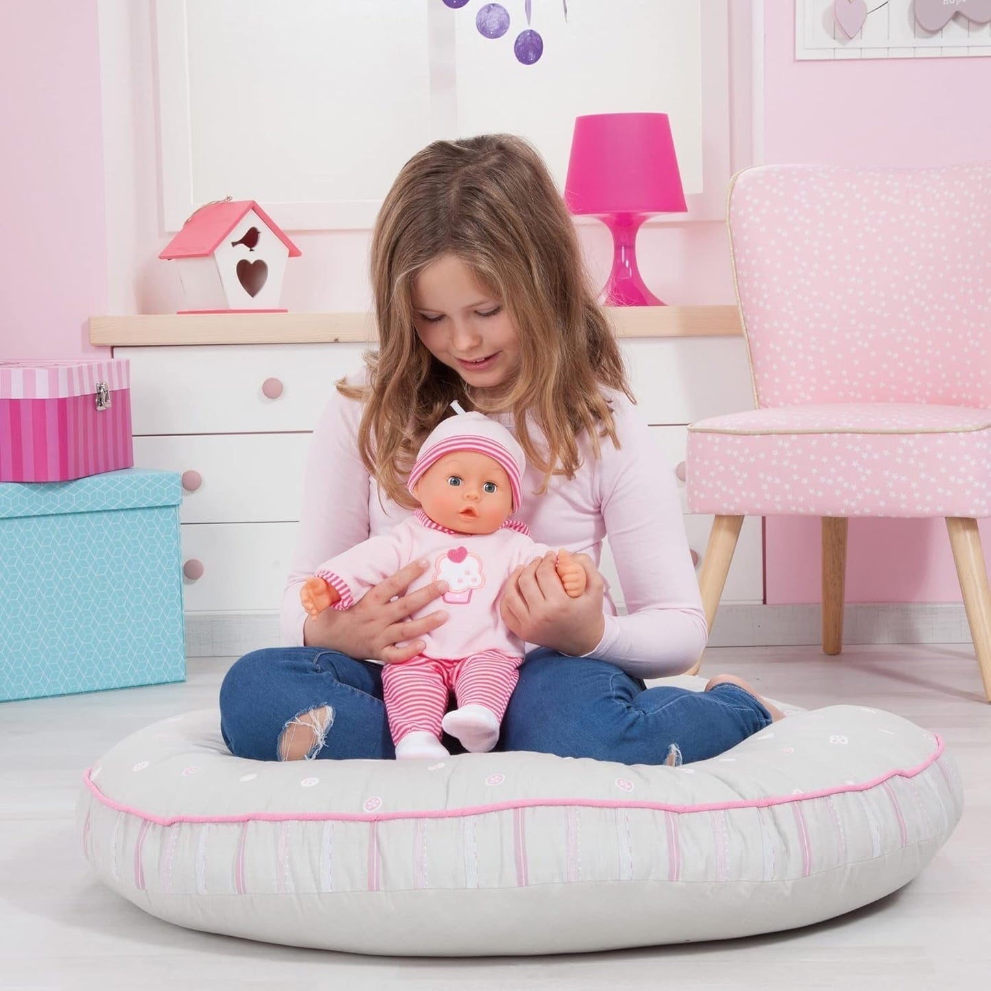 First Words Puppe mit Schlafaugen, spricht 24 Babygeräusche, mit Puppe und Flasche, 38 cm, rosa/gestreift Naty Shop Dolls
