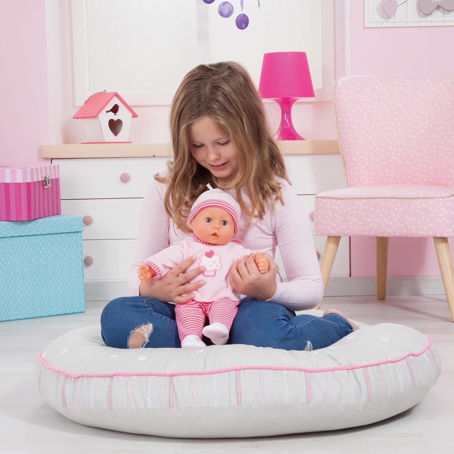 First Words Puppe mit Schlafaugen, spricht 24 Babygeräusche, mit Puppe und Flasche, 38 cm, rosa/gestreift Naty Shop Dolls